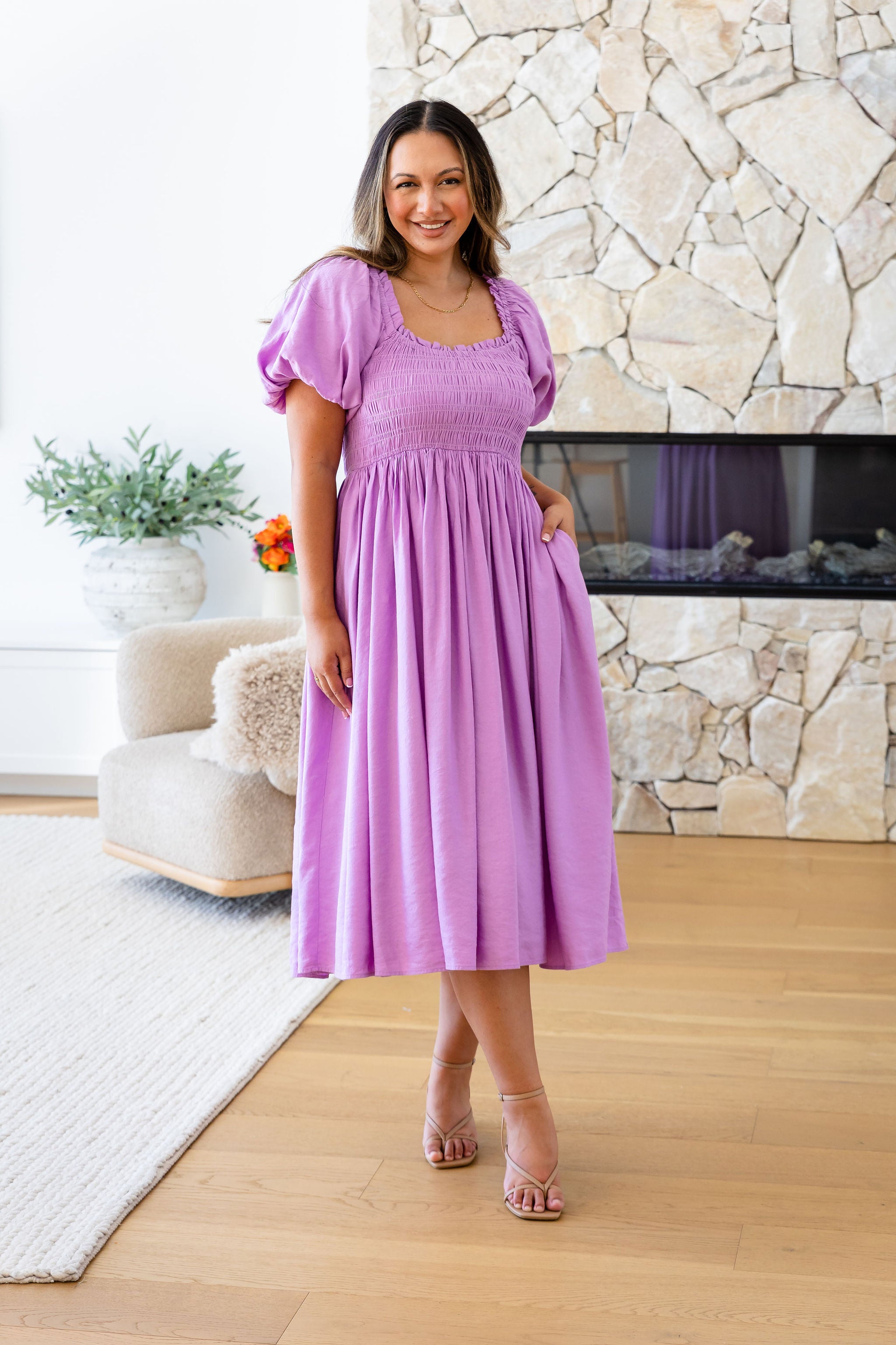 Stelle Linen Blend Midi Dress in Berry - Flowy Summer Dress for Women, Casual & Elegant - Perfect for Beach Vacations, Brunch Dates & Summer Weddings