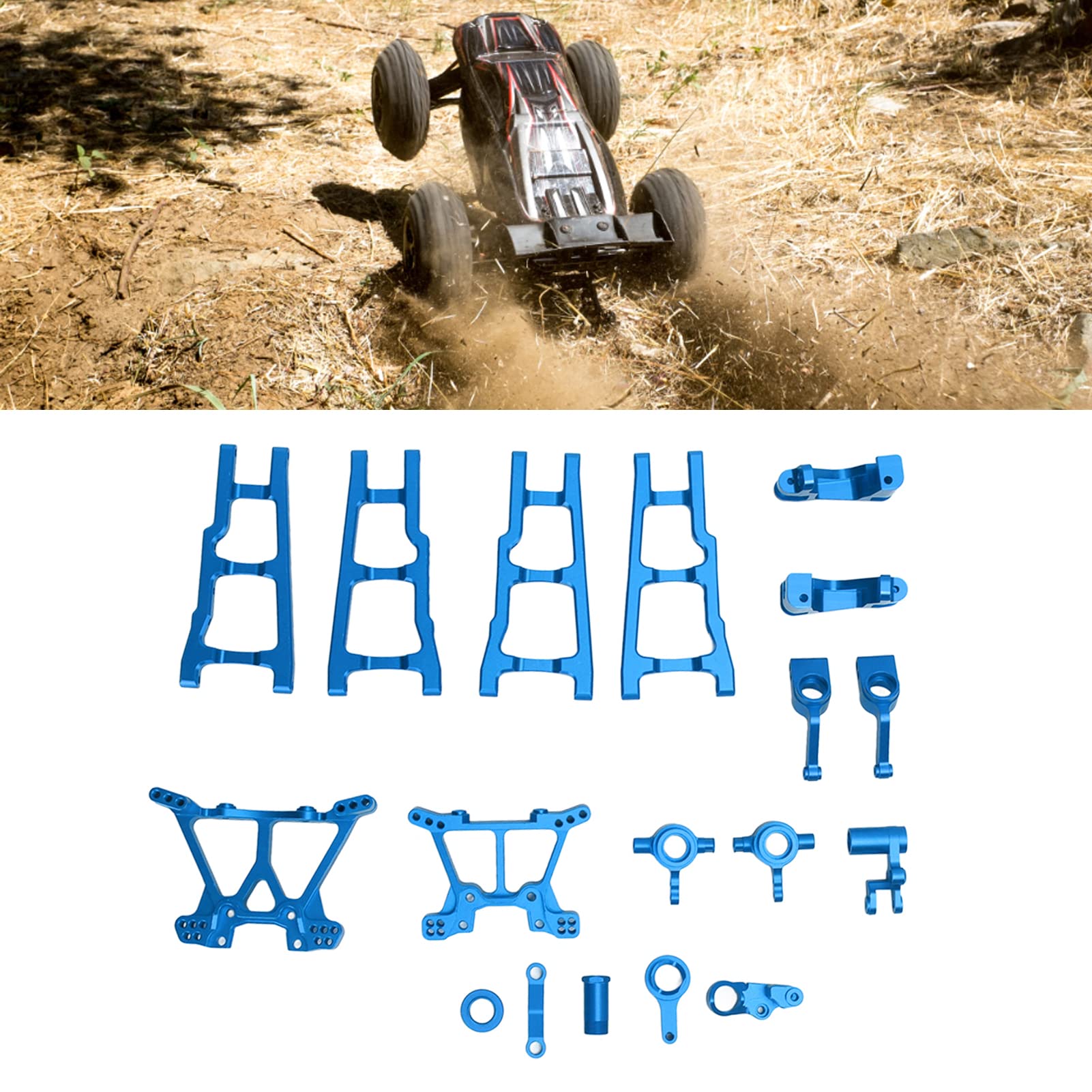 Aluminum RC Car Upgrade Parts Kit for Traxxas Slash 1/10 4x4 - Front/Rear Suspension Arms, Steering Bellcrank & Camber Links (Blue) - Durable Off-Road Bashing & Racing Accessories