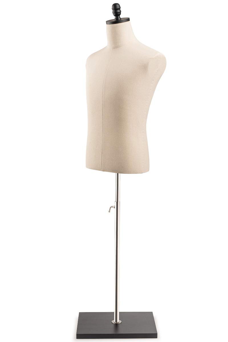 TSC Medium Black Male Dress Form Mannequin - Natural Canvas Fabric on Modern Wooden Square Base | Perfect for Tailors, Fashion Designers & Boutique Displays