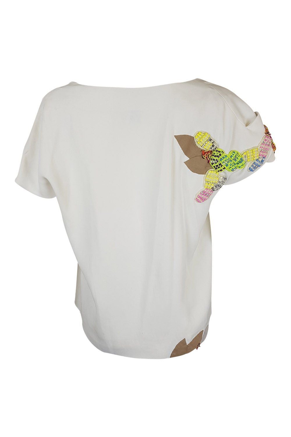 CHLOE Women's Cream Silk Embellished Short Sleeve Blouse Size 40 - Elegant Party Top for Evening Events & Date Nights