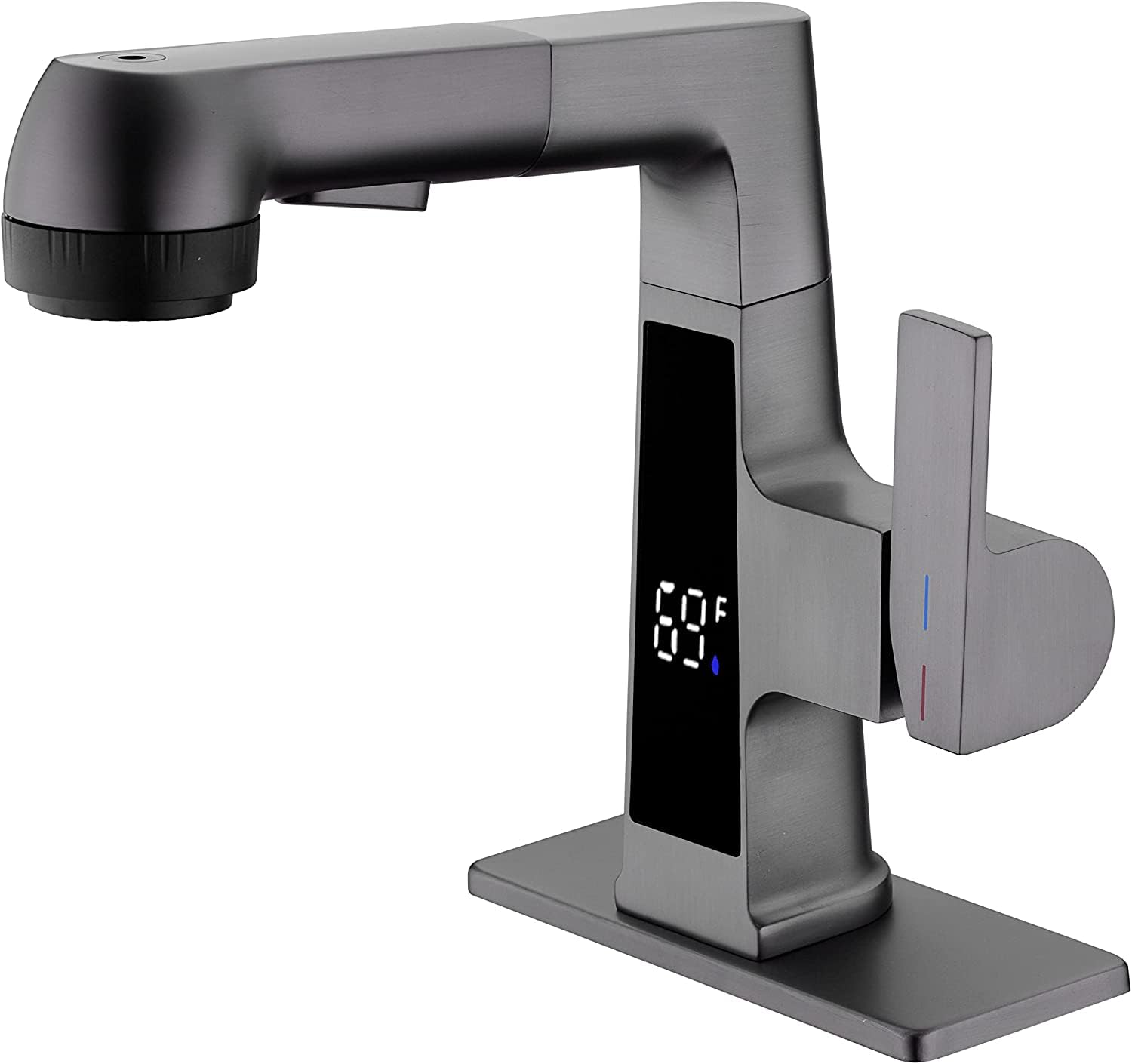 Qeemee LED Bathroom Faucet with Pull Out Sprayer - Grey Digital Temperature Display Sink Faucet with 5 Water Flow Modes, Single Handle RV Vanity Faucet for 1 or 3 Hole Installation - Perfect for Modern Bathrooms, Kitchen Sinks, and RV Living Spaces