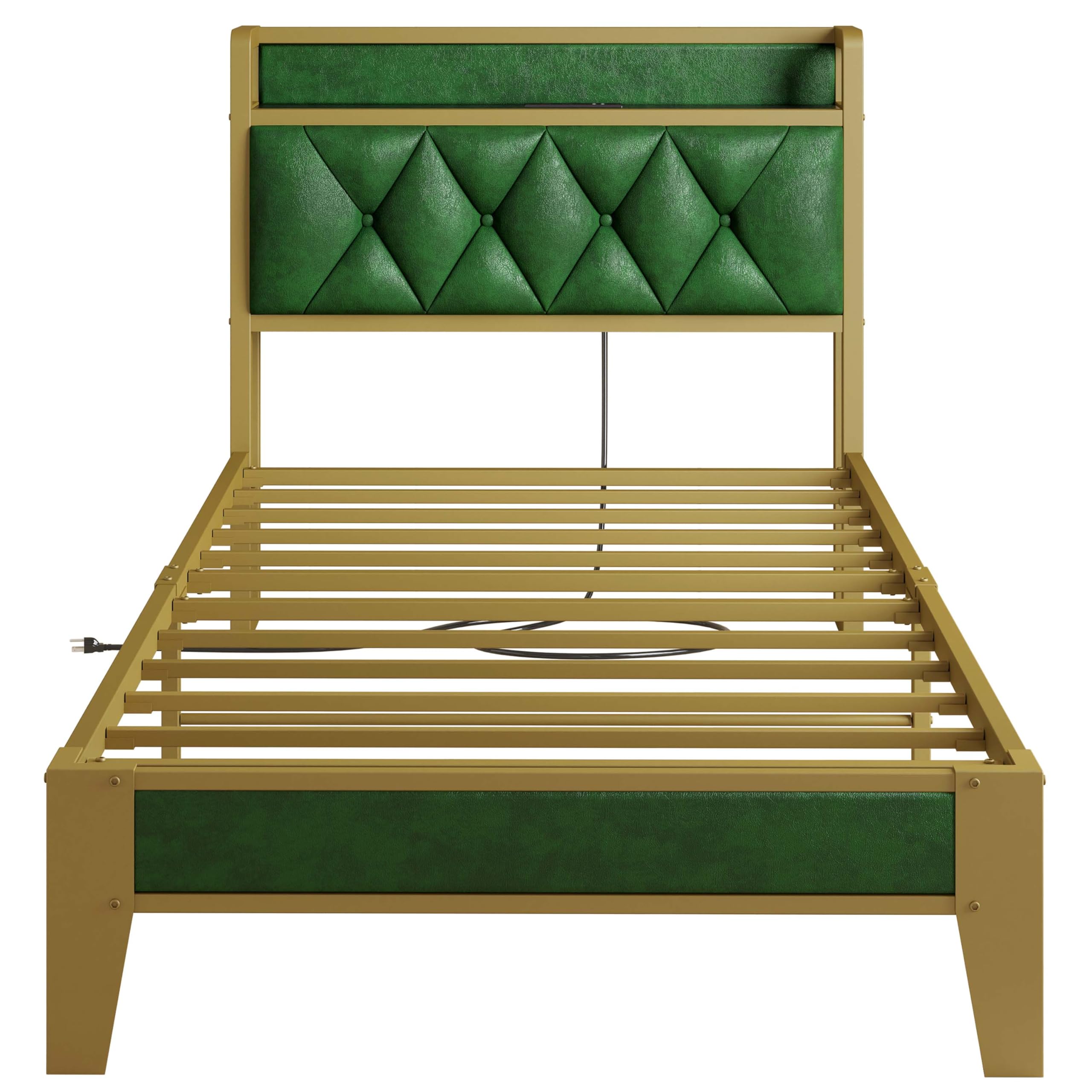 ANCTOR Twin Bed Frame with Storage Headboard & USB Outlets - Easy Assembly, Sturdy Metal Platform Bed, No Box Spring Needed, Quiet & Stable - Perfect for Small Spaces, Dorms, Guest Rooms & Apartments (Emerald Green)