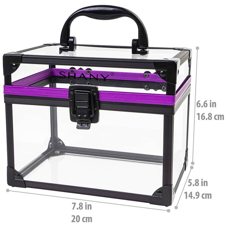 SHANY Clear Travel Makeup Bag Organizer - Large Clear Cosmetics & Toiletry Train Case with Secure Closure, Black/Purple Accents - Perfect for Travel, Gym, and Home Storage