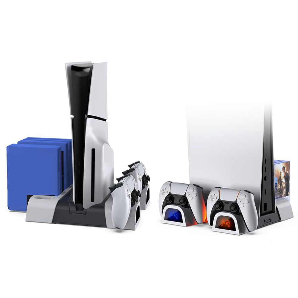 PS5/PS5 Slim Universal Cooling Stand with Dual Controller Charger - 3-Speed Cooling Fan, 10 Game Disc Storage & Media Remote Holder - Perfect for PS5 Gaming Setup & Entertainment Center Organization