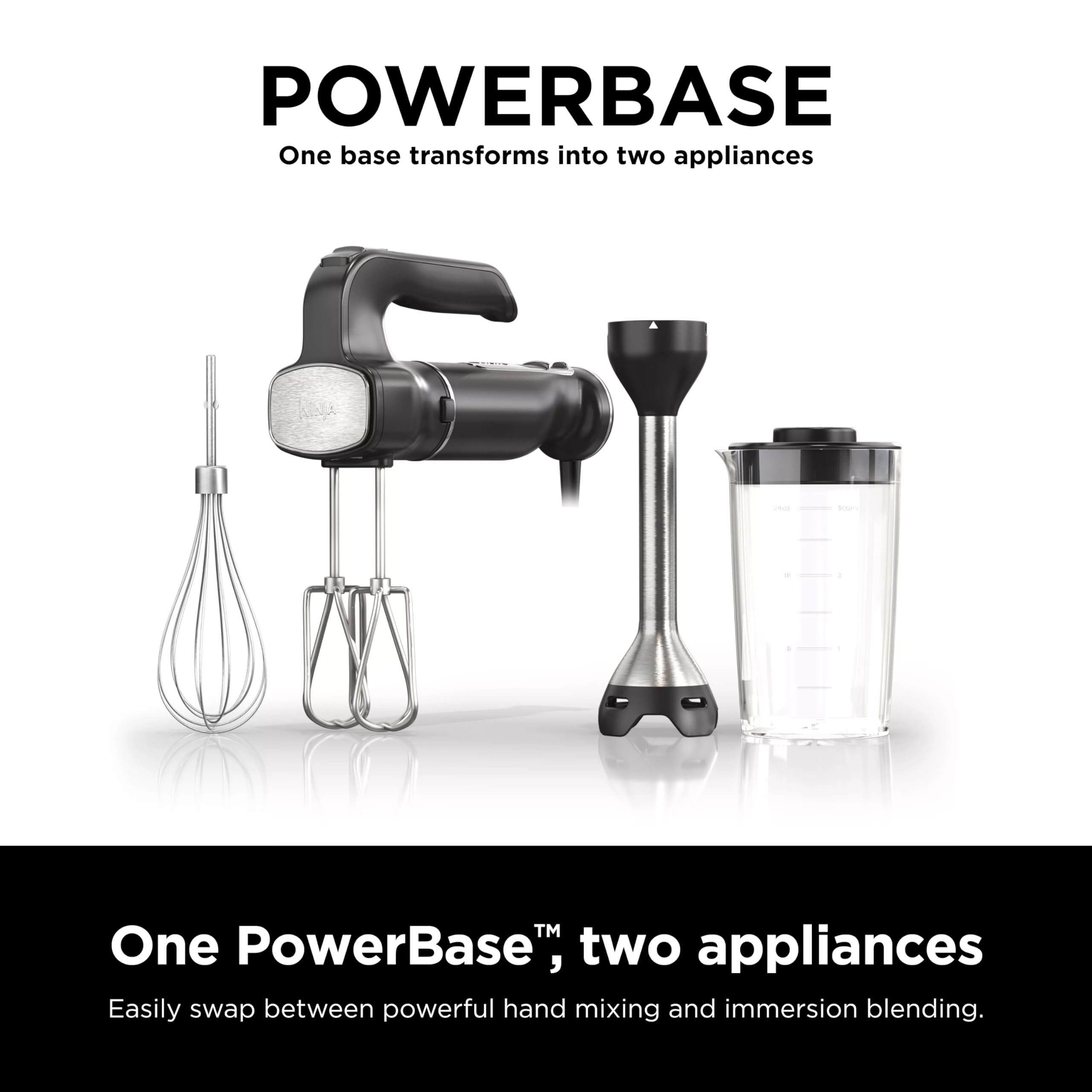 Ninja Foodi Power Mixer System - 750W Handheld Immersion Blender & Electric Hand Mixer Combo with Whisk, Beaters & 3-Cup Blending Vessel (120V, Black) - Perfect for Smoothies, Soups, Baking & Kitchen Prep