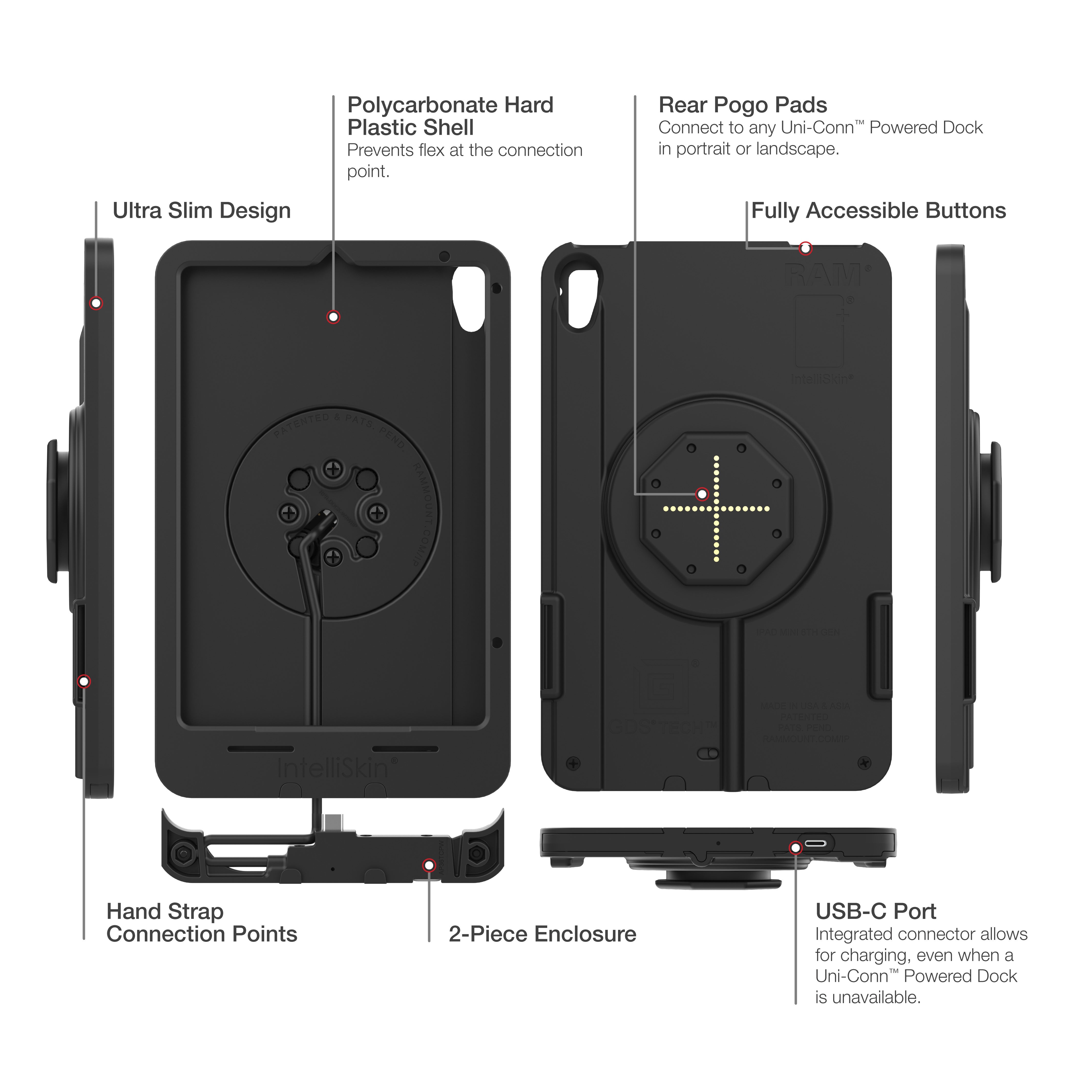 IntelliSkin® Thin Case™ for iPad mini (A17 Pro) & iPad mini 6 - Slim Protective Cover with Rear Pogo Pads (RAM GDS SKIN AP36 TCB) - Perfect for Work, Travel & Everyday Use