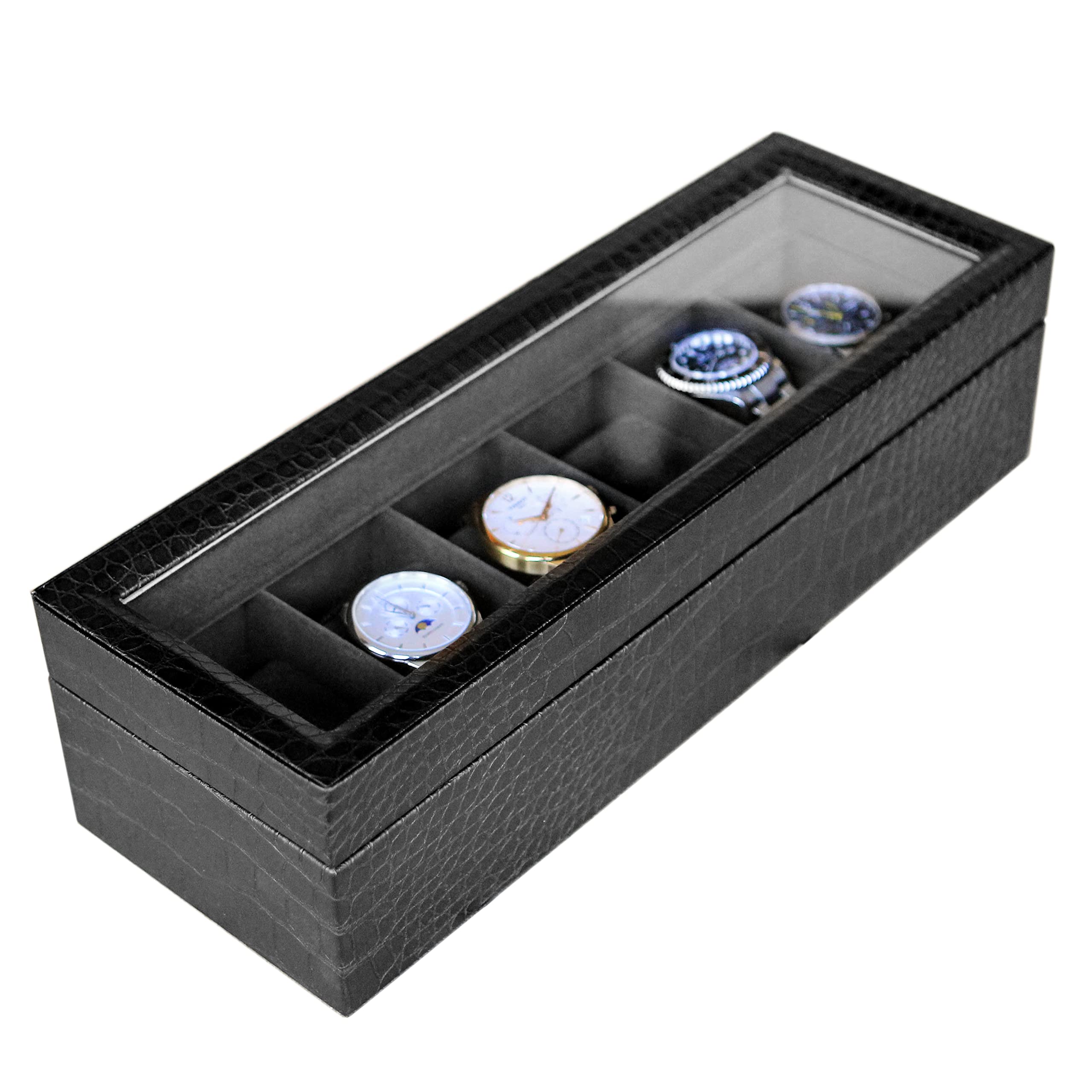 Premium Crocodile Texture Faux Leather Watch Box - 6 Compartment Glass Top Storage Organizer for Men & Women | Perfect for Jewelry Display, Watch Collection, and Gift Giving