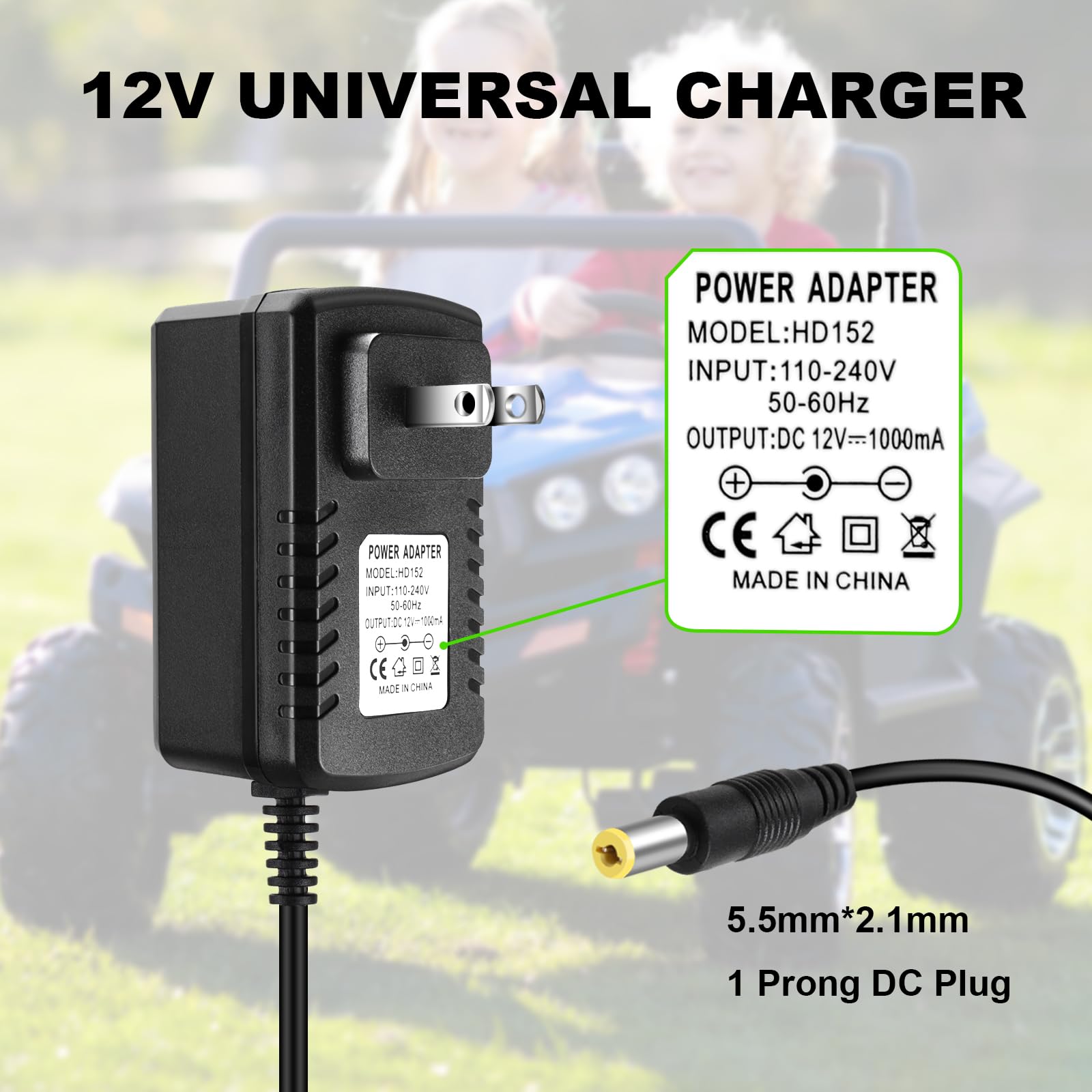 12V Kids Ride On Toy Car Battery Charger - 12 Volt Charger for Wrangler, SUV, Jeep, ATV, Mercedes, Lamborghini, Quad, Kidzone, Bumper & Disney Toy Cars - Perfect for Outdoor Playtime and Indoor Charging