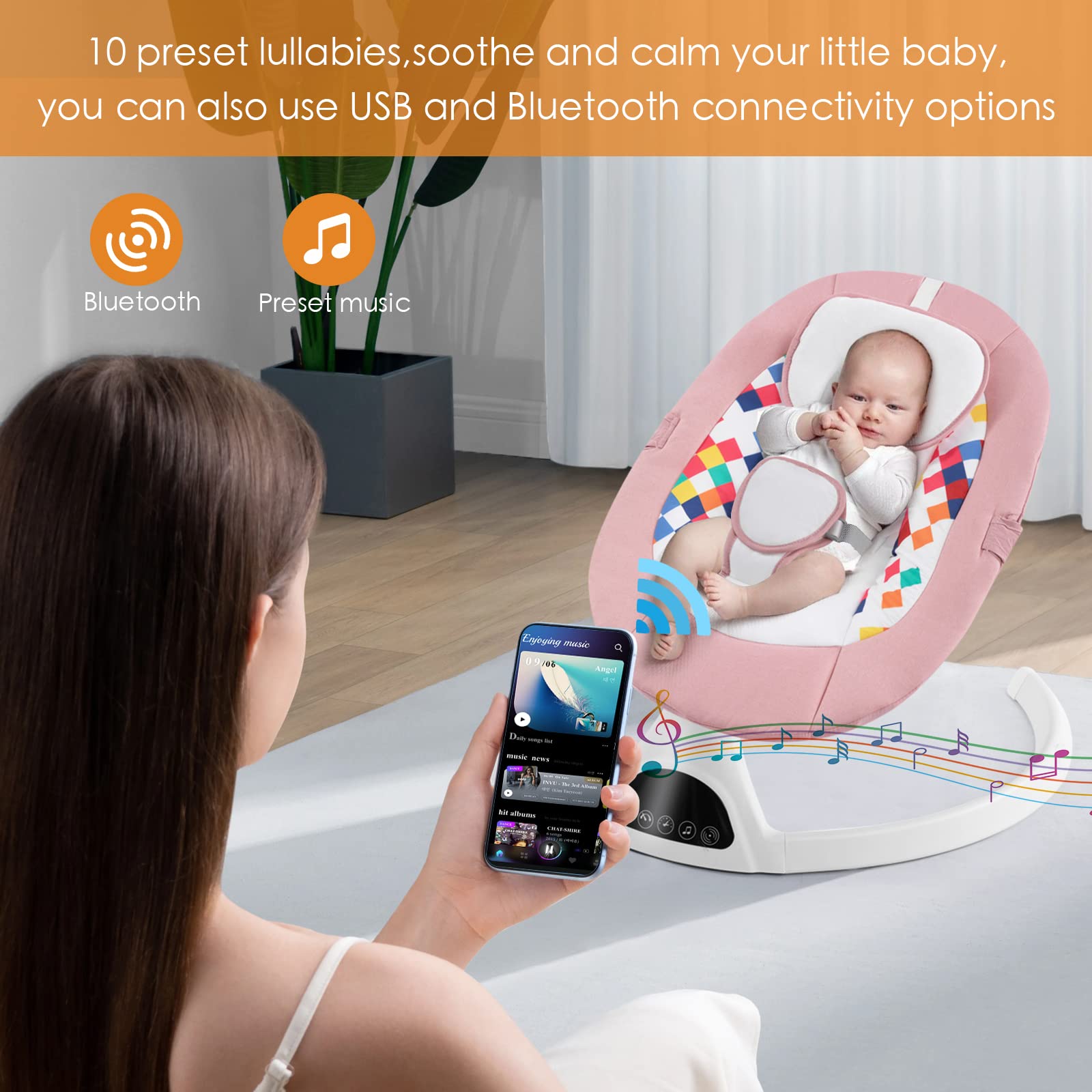 Electric Baby Swing with Bluetooth & Music - Portable Infant Bouncer for Boys & Girls - 5 Adjustable Sway Speeds - Light Pink Indoor Rocker - Perfect for Nursery, Playtime & Soothing Fussy Babies