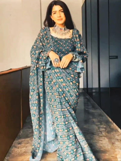 1 Minute Teal Green Printed Georgette Stitched Ready Made Saree - Perfect for Weddings, Parties & Festive Occasions