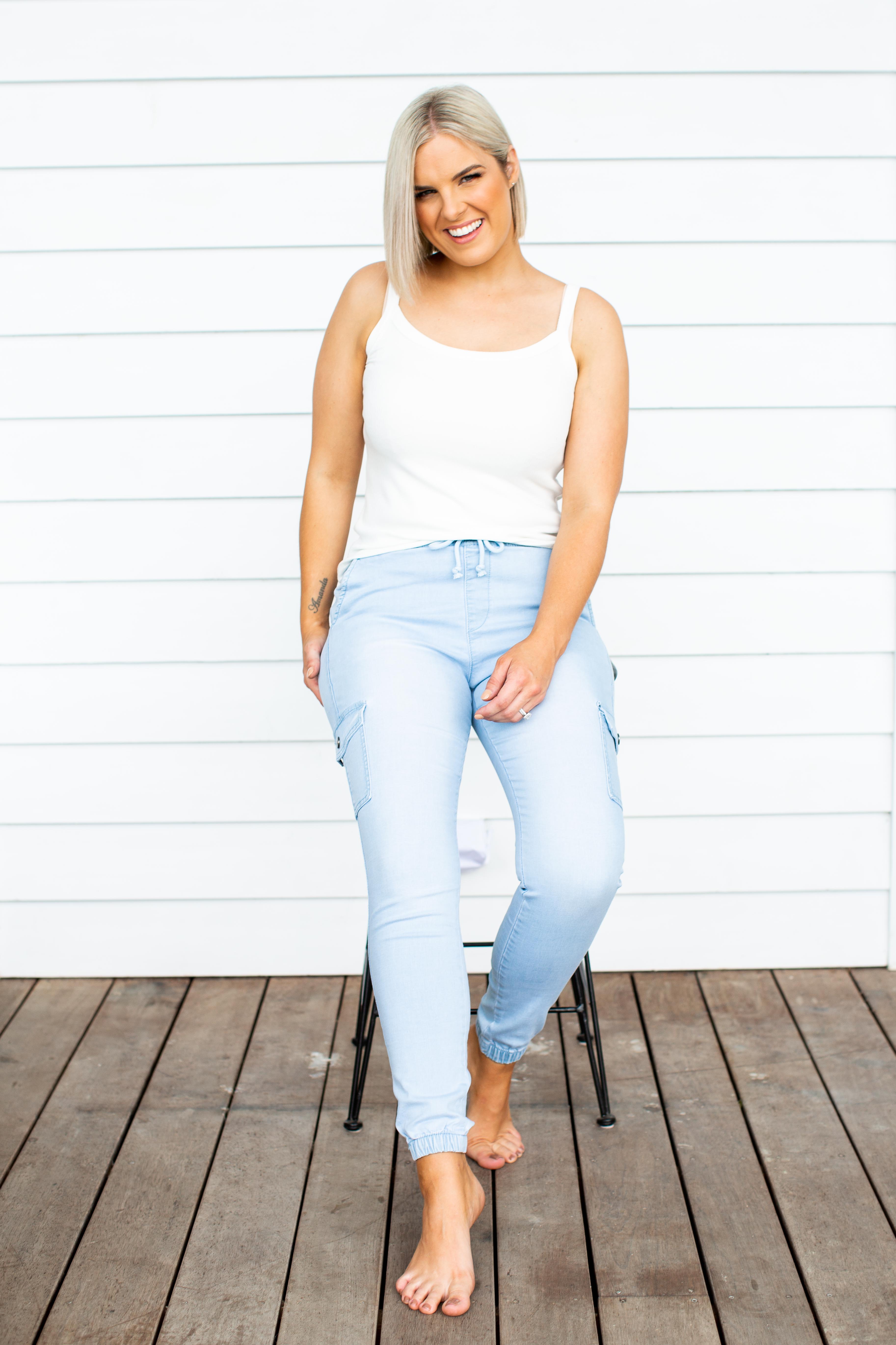 Florence Light Blue Denim Joggers for Women - Comfortable Stretch Casual Pants for Everyday Wear, Running Errands & Lounge