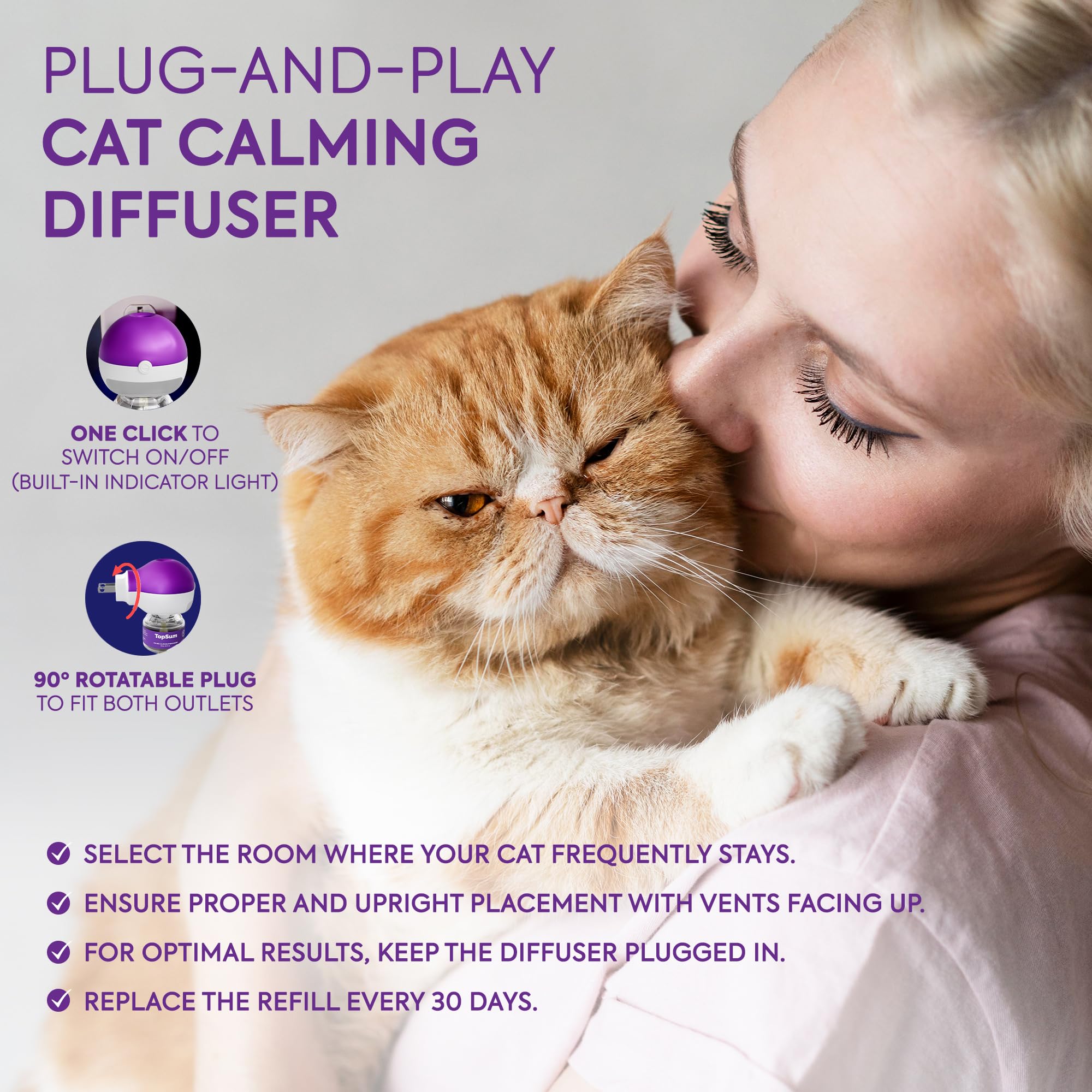 Premium Cat Calming Diffuser Refills (6 Pack) – Vet-Recommended Pheromones for Cat Anxiety Relief – Lasts 4 Months – Stress-Free Home & Travel Solution for Nervous Cats (Purple)