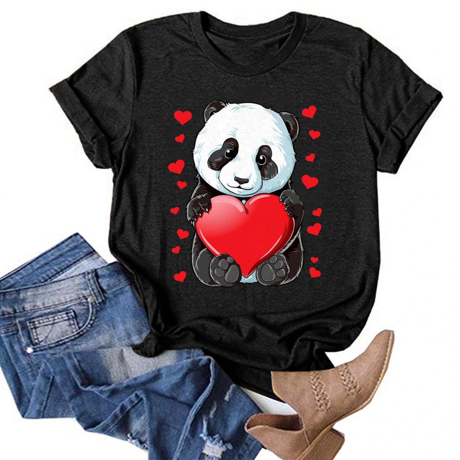 Women's Cute Panda Heart Printed Tee - Casual & Dressy Short Sleeve Top for Everyday Wear