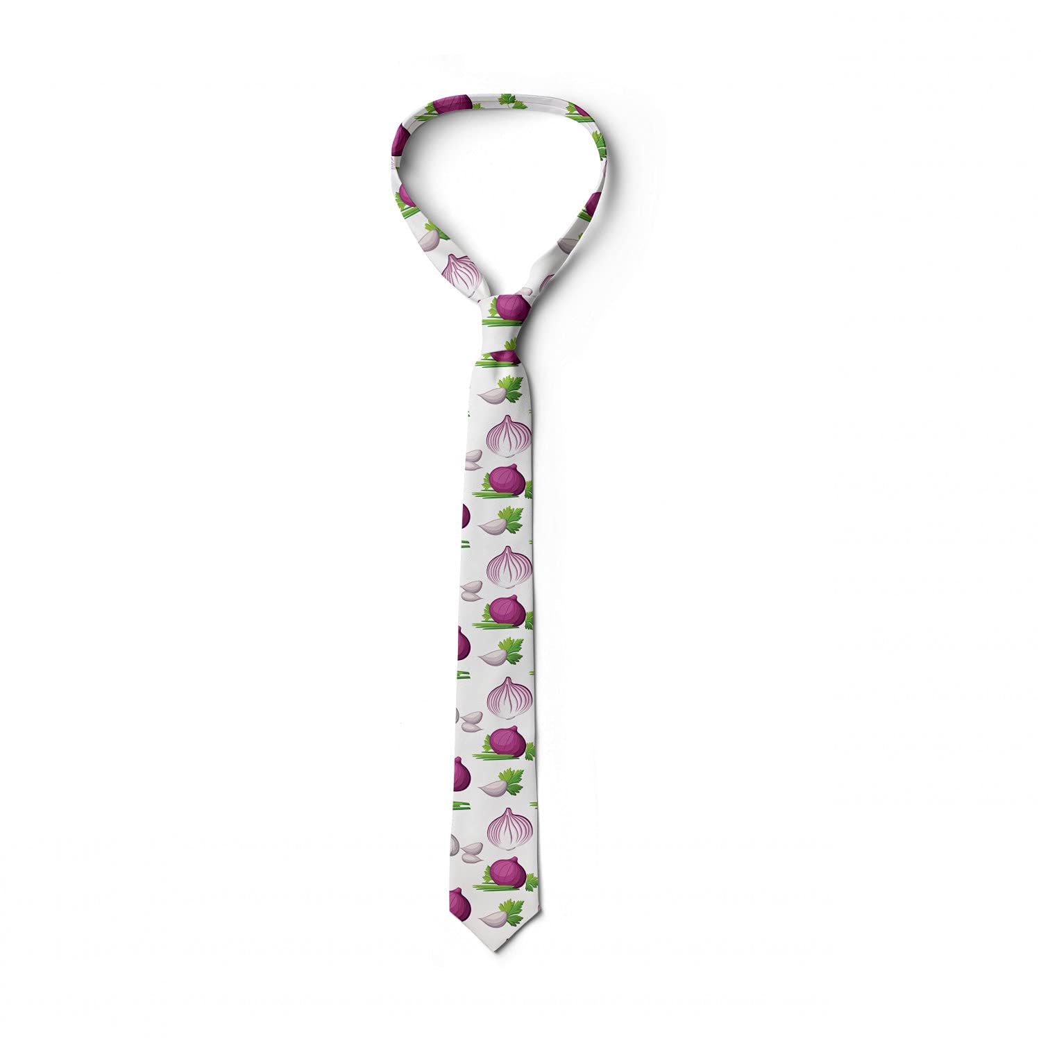 Ambesonne Men's Necktie - Sliced Onions & Garlic Print, 3.7 Inch Wide, Dark Magenta Green Skinny Tie - Perfect for Business, Office, Wedding & Formal Occasions
