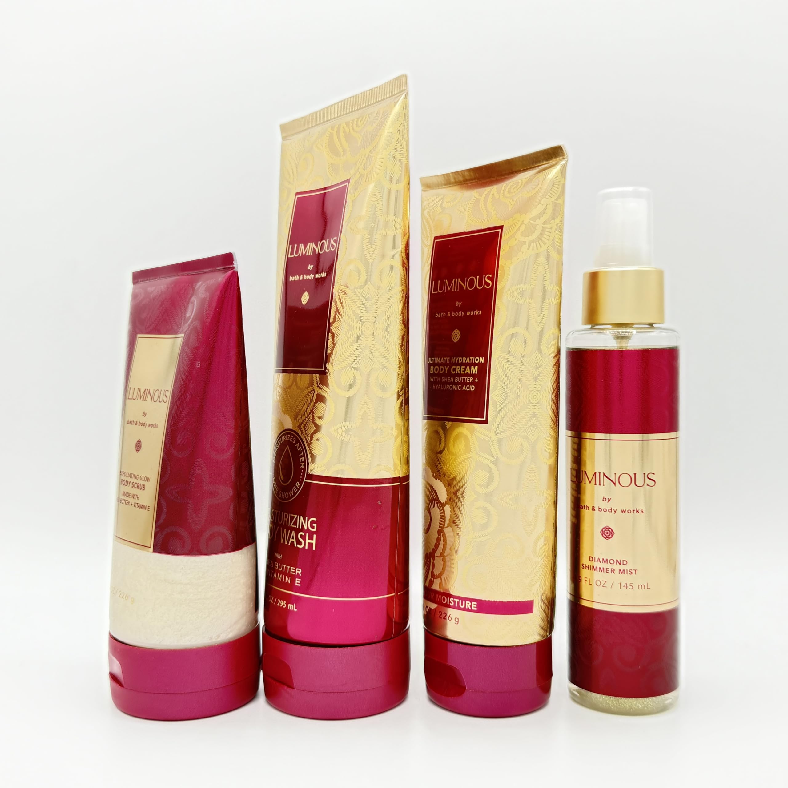 Luminous 4-Piece Bath & Body Gift Set - Exfoliating Body Scrub, Hydrating Body Wash, Ultra Moisturizing Body Cream & Sparkling Shimmer Mist for Soft Glowing Skin | Perfect for Spa Day, Self-Care Routine & Luxury Gifts