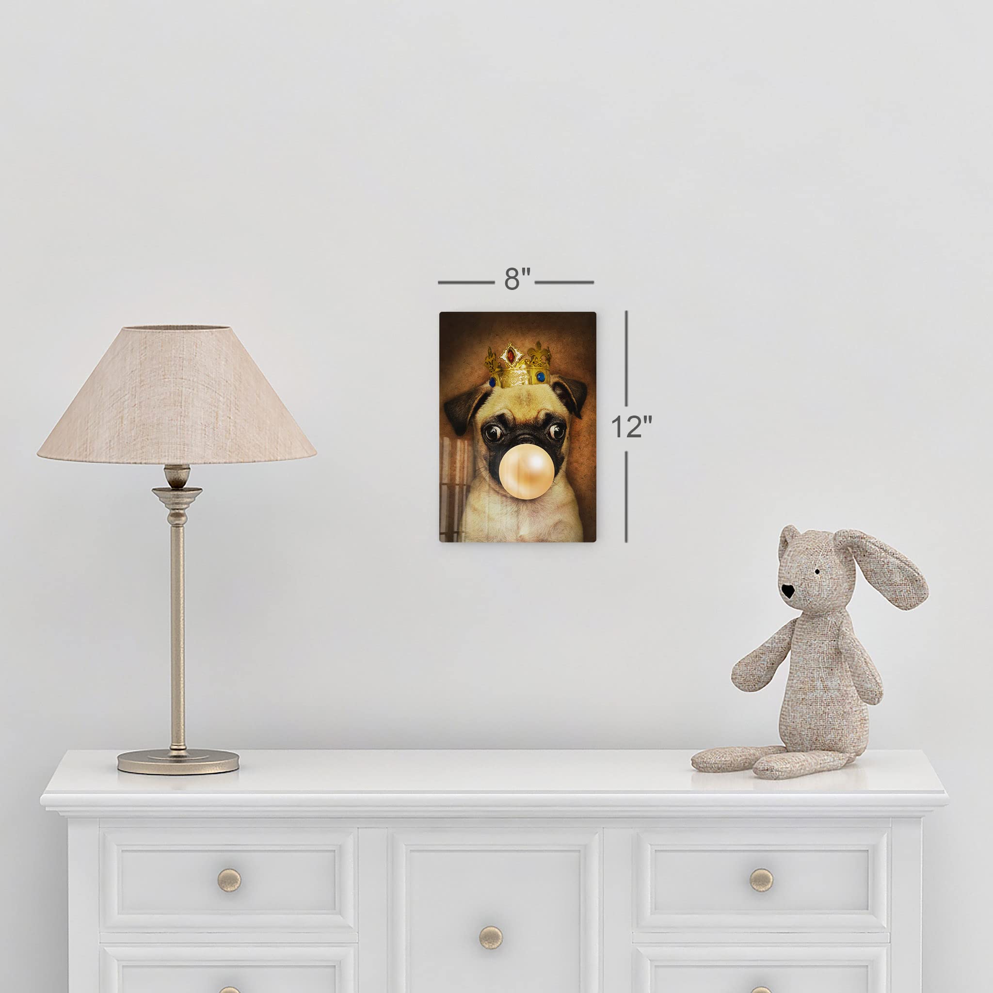 King Pug Portrait with Crown Chewing Bubble Gum - Metal Wall Art Print for Dog Lovers - Pet Pop Art Decor for Office, Living Room, Bedroom & Nursery (40x30 Inches) - Perfect Gift for Animal Lovers & Unique Home Decor