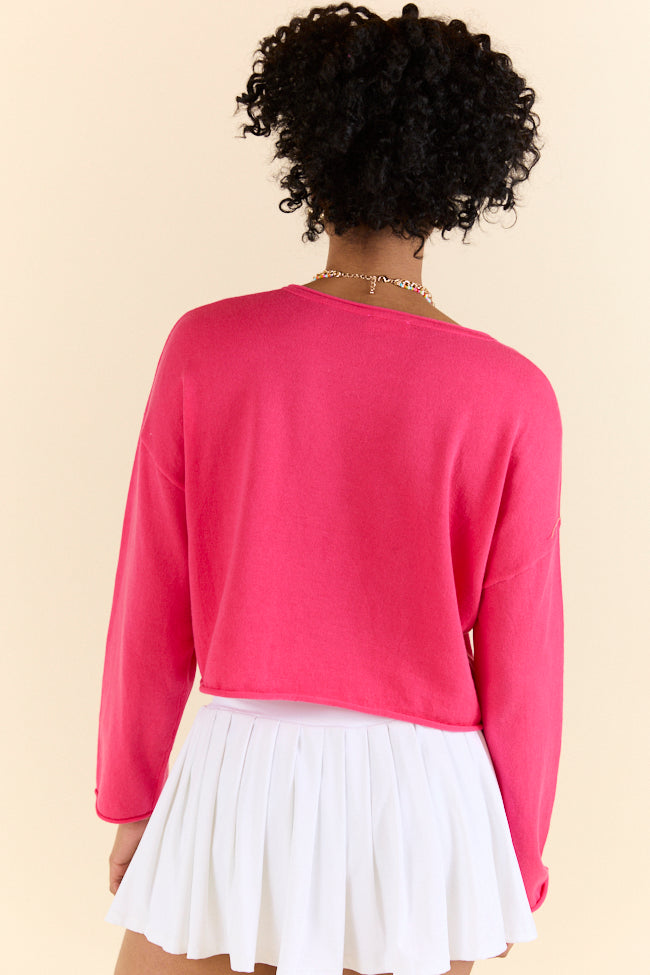 No Bad Days Hot Pink Drop Shoulder V Neck Pullover Sweater - Women's Casual Oversized Knit Top for Fall & Winter | Perfect for Date Night, Coffee Dates, and Weekend Outfits