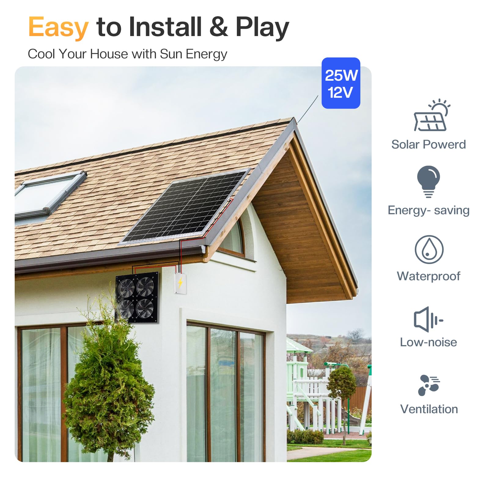 Solar Powered Exhaust Fan with Battery Backup - 25W Solar Panel, 16ft On/Off Cable - Perfect for Shed, Chicken Coop & Doghouse Cooling - Indoor/Outdoor Ventilation Solution for Hot Weather