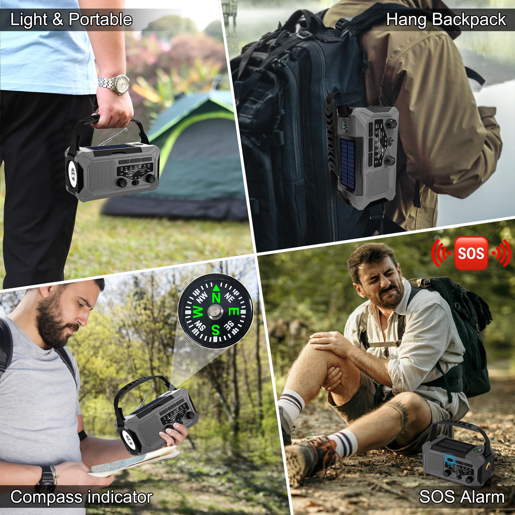 10000mAh Solar Emergency Weather Radio - Portable AM/FM/NOAA Radio with Hand Crank, LED Flashlight, Reading Lamp, Compass & Phone Charger - Perfect for Outdoor Camping, Hiking & Emergency Preparedness (Grey)