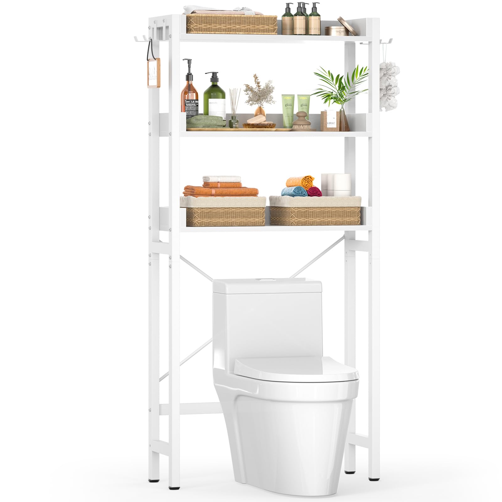 EcoPrsio 3-Tier Over The Toilet Storage Shelf - Freestanding Bathroom Organizer with 4 Hooks, White Space Saver - Perfect for Small Bathrooms, Apartments & Dorm Rooms