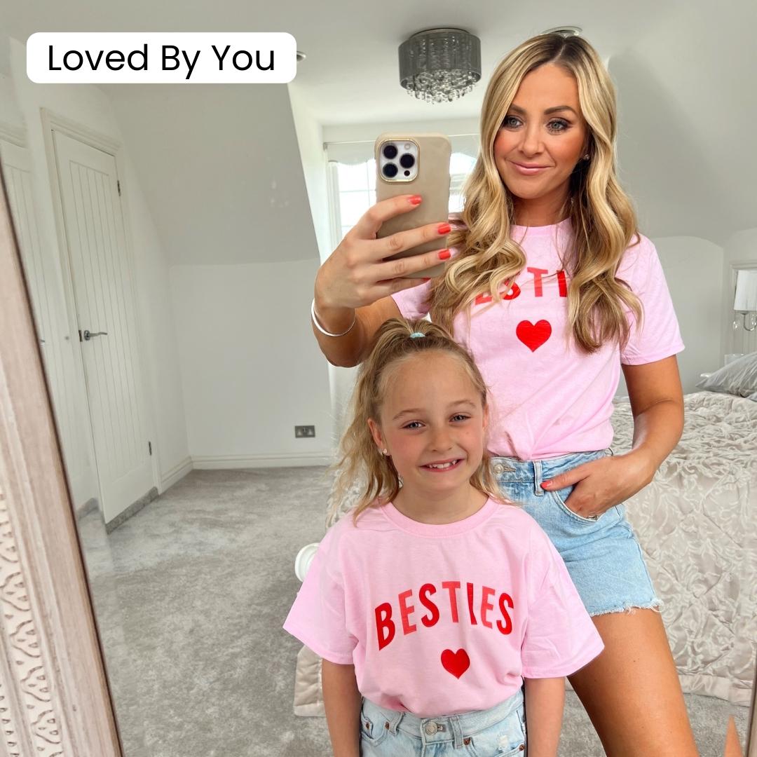 Besties Love Hearts Mom & Daughter Matching Light Pink T-Shirts - Cute Family Outfits for Mother's Day, Valentine's Day & Photo Shoots
