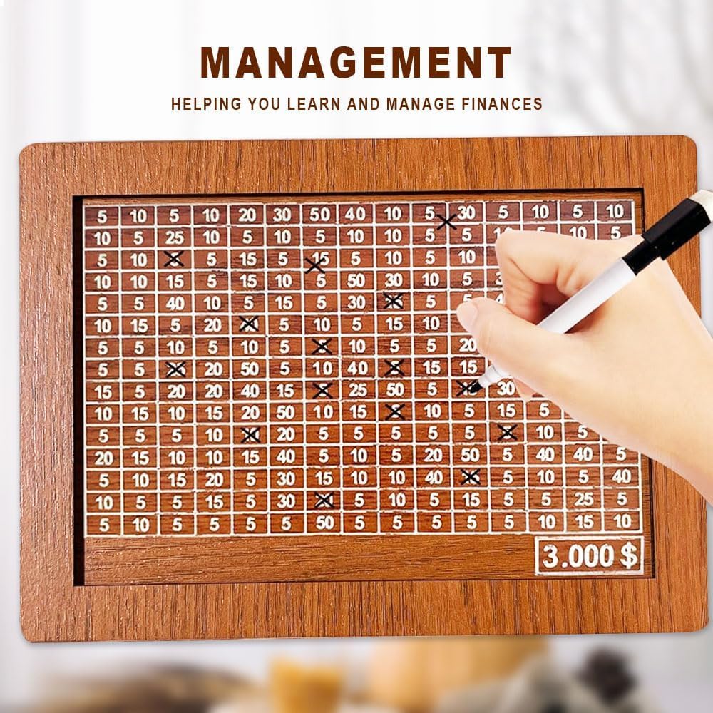 Wooden Cash Vault Savings Box - $10,000 Money Saving Challenge with Target Numbers - Piggy Bank for Adults & Kids - Perfect for Budgeting, Financial Goals, and Teaching Kids Money Management