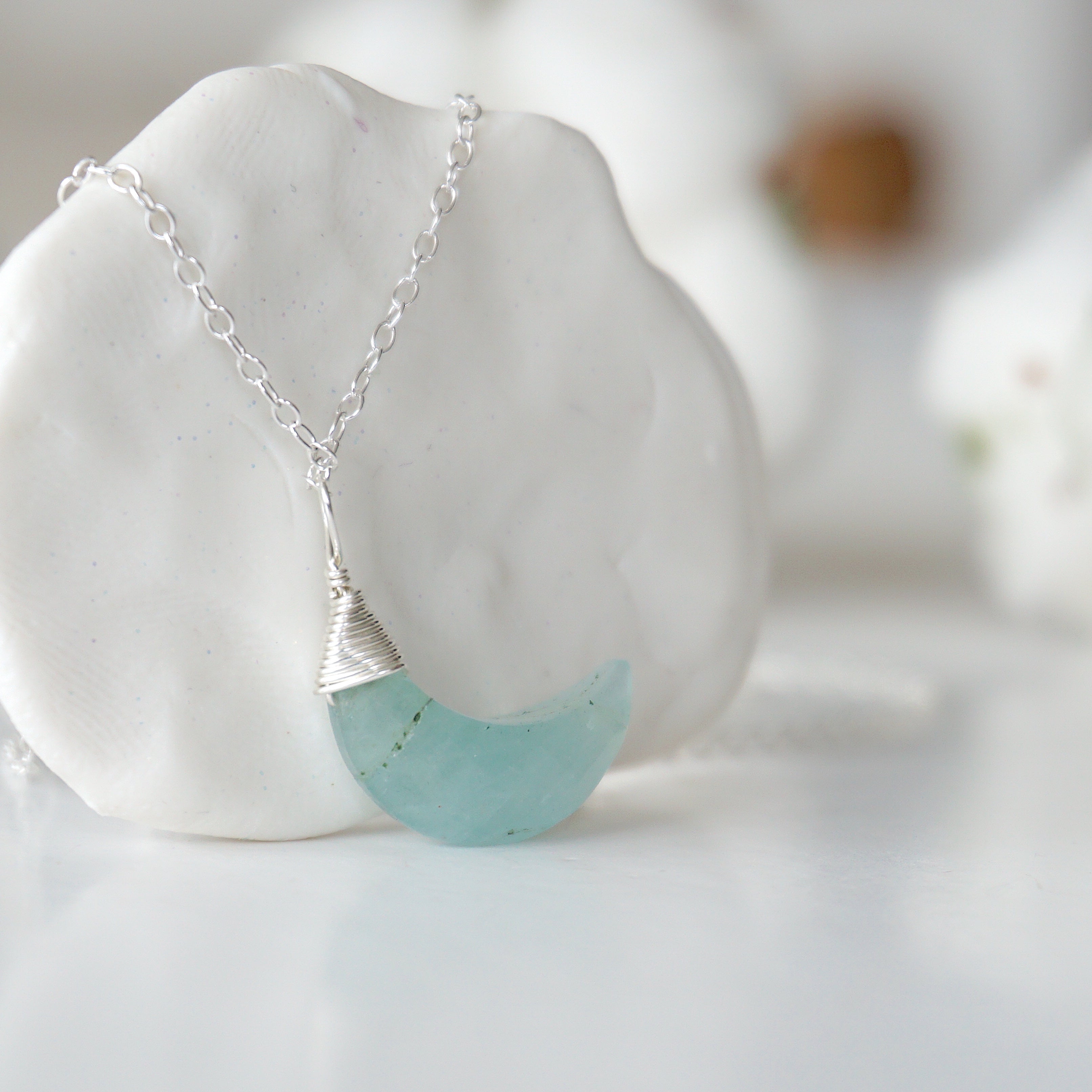 Aquamarine Necklace - Moon Charm Pendant in Sterling Silver for Women | Elegant Jewelry Gift for Birthday, Anniversary & Special Occasions