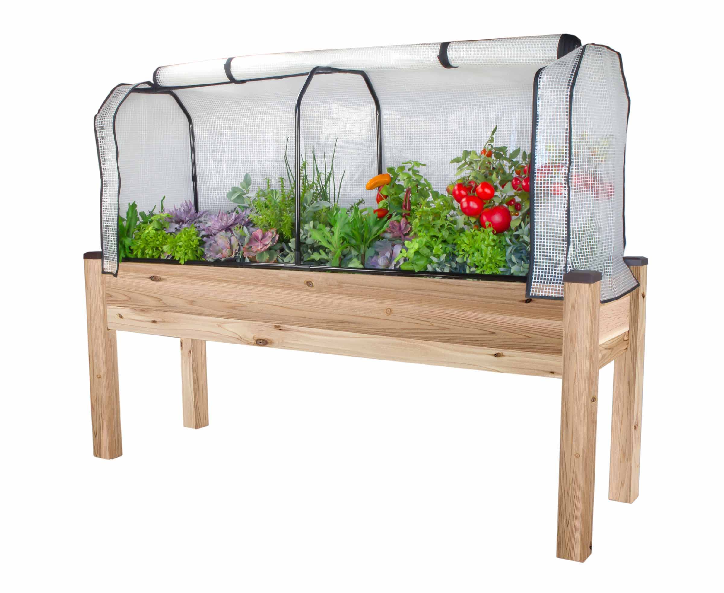Elevated Cedar Planter Box with Greenhouse & Bug Net Cover - 23