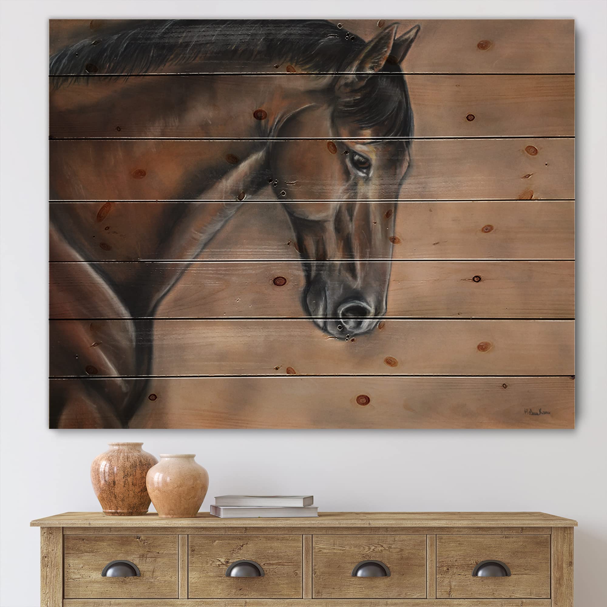 DesignQ Brown Bay Horse Portrait Farmhouse Wood Wall Decor - Large Animal Wall Art Panel Printed on Natural Pine Wood - Perfect for Living Room, Bedroom & Country Home Decor