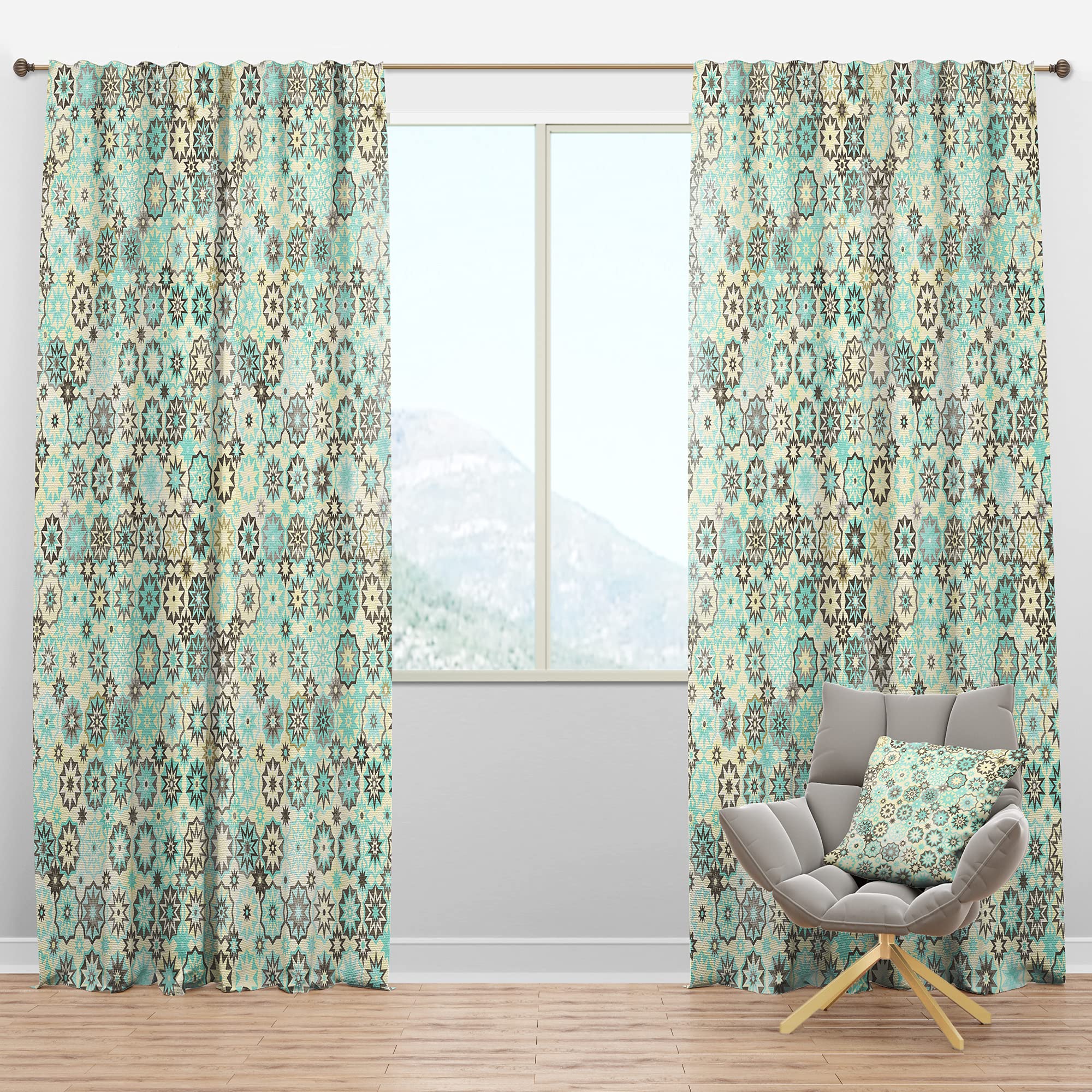 DesignQ Blackout Curtains 'Vintage Snowflakes in Turquoise and Yellow' - Thermal Insulated Room Darkening Drapes for Bedroom & Living Room - Single Panel 52x63 Inches - Perfect for Winter Decor & Light Control