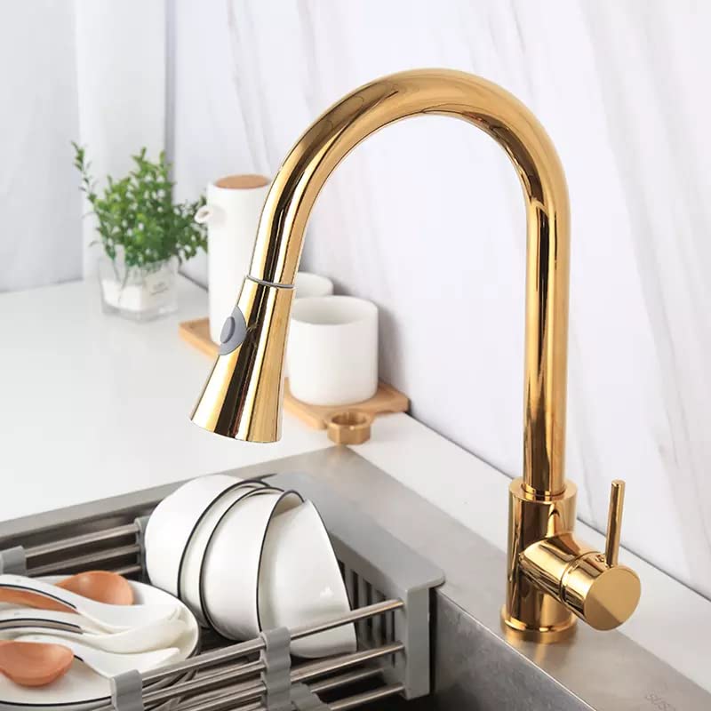 Premium Single Lever Pull-Down Kitchen Sink Faucet with 2-Flow Sprayer & 360° Rotation - Multi-Function Spray Head Technology - Gold Finish (Model 3) - Perfect for Modern Kitchens, Dishwashing & Food Prep