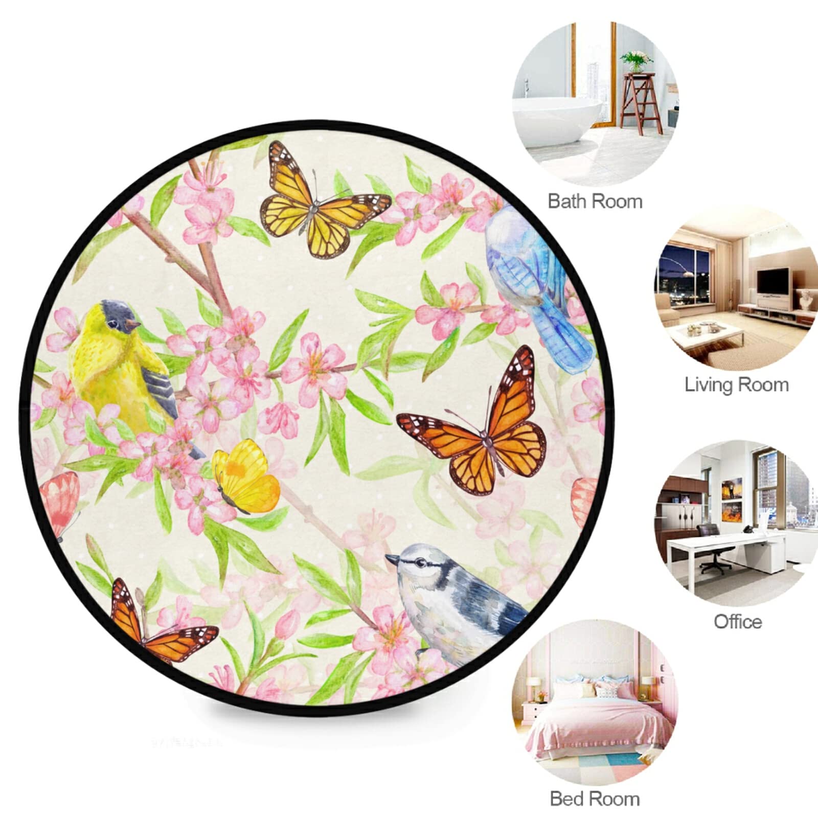 Spring Butterflies Birds Round Non-Slip Area Rug - Pink Floral Washable Soft Circle Carpet for Bedroom, Living & Dining Room - Perfect for Home Decor, Kids Play Area & Cozy Floor Mat (3ft)