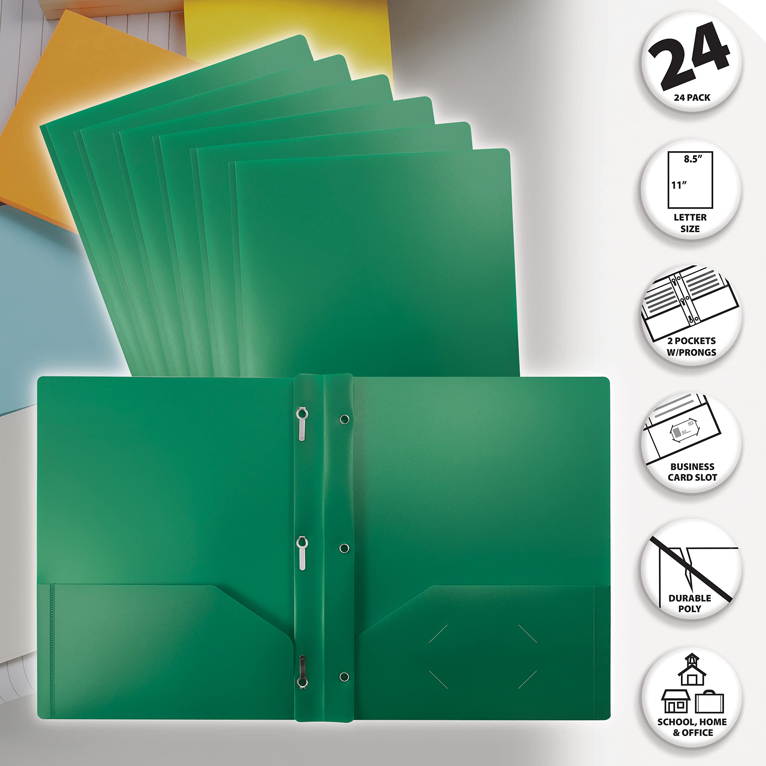 Better Office Products Heavyweight Green Plastic 2-Pocket Folders with Prongs - Letter Size Poly Folders (24 Pack) with 3 Metal Fastener Clips - Perfect for School, Office Documents & Presentations