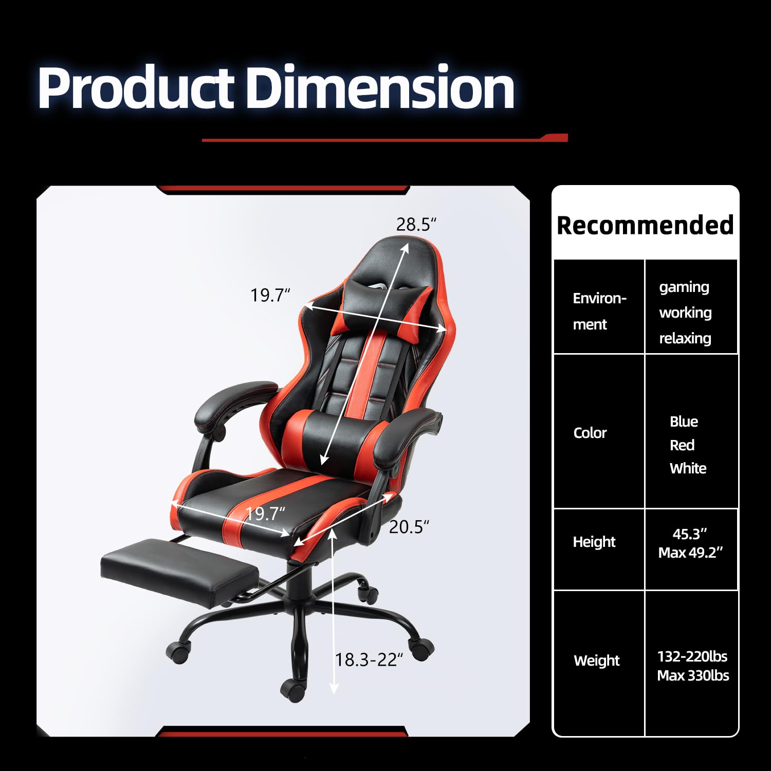 ECOTOUGE Ergonomic Massage Gaming Chair with Footrest - Adjustable High Back Office Desk Chair with Headrest & Lumbar Support, 360° Swivel - Perfect for PC Gaming, Home Office & Relaxation (Red)