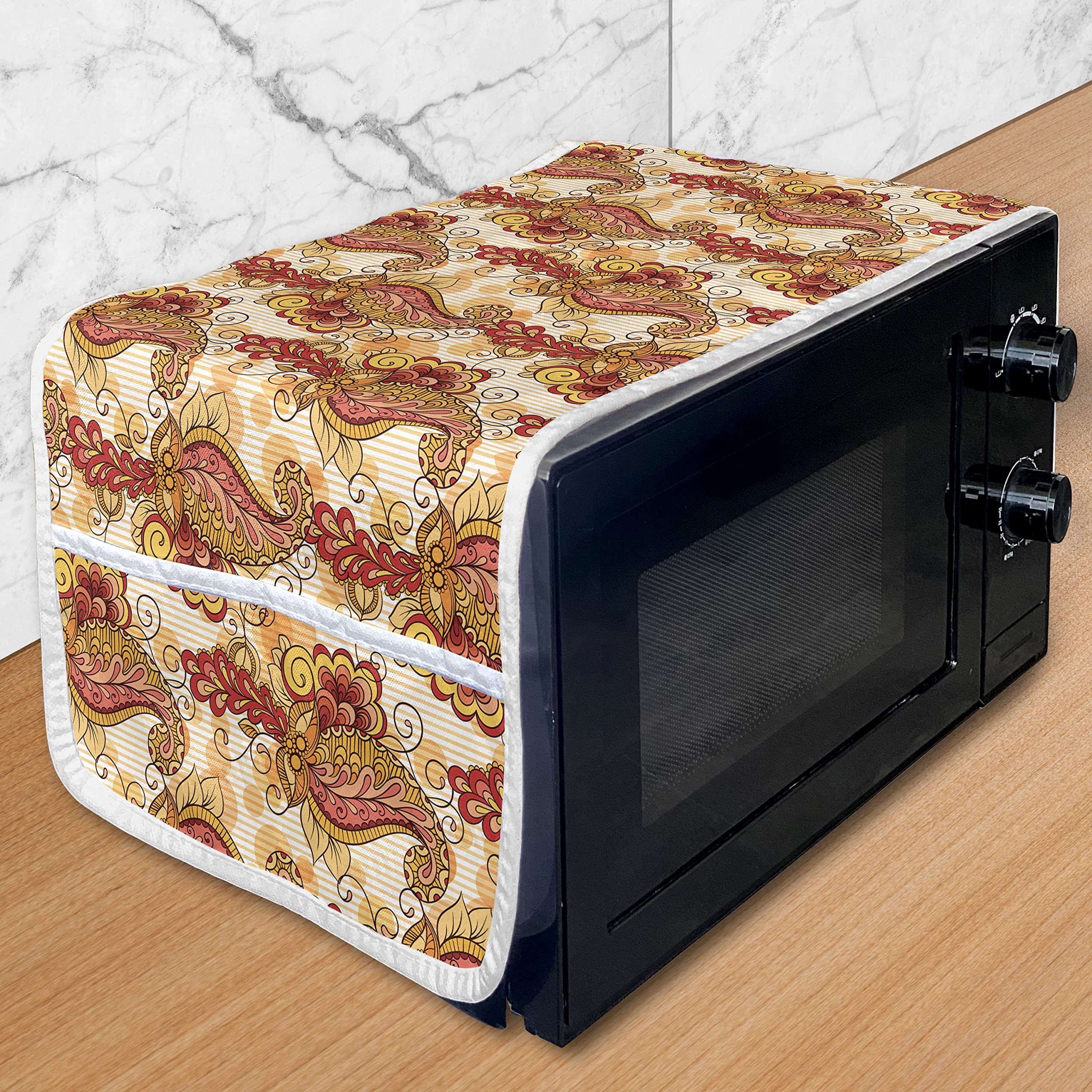 Ambesonne East Microwave Oven Cover - Traditional Paisley Floral Design, Waterproof Kitchen Organizer with Pockets, 36