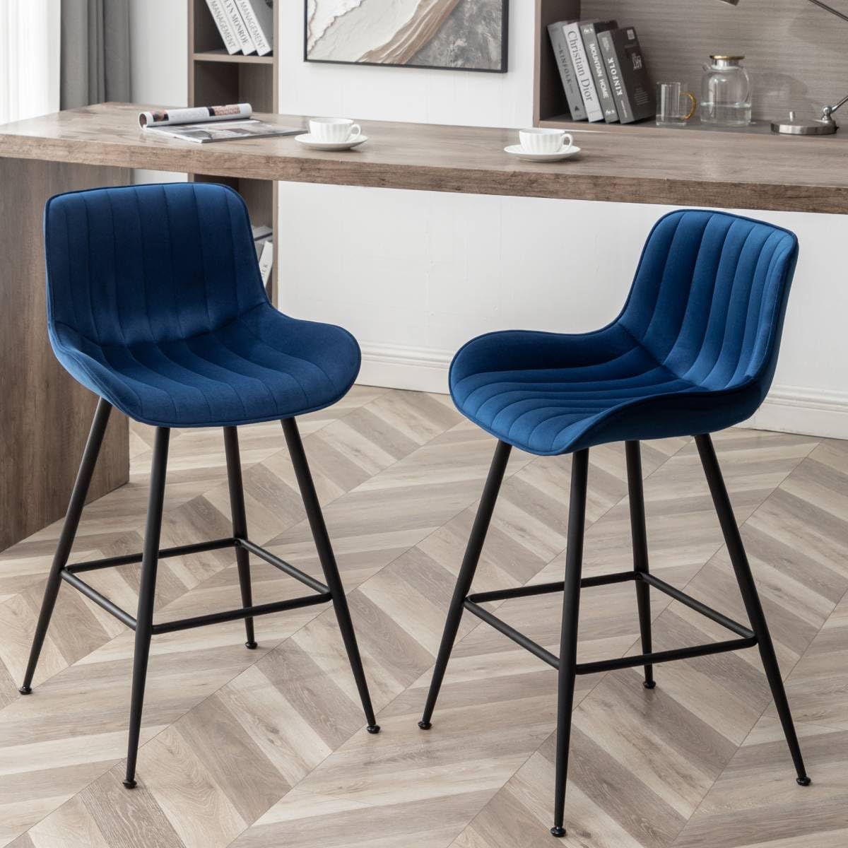Luxury Bar Stools Set of 2 - 24 Inch Counter Height Upholstered Velvet Barstools for Kitchen Island, Home Bar & Pub | Blue Velvet Bar Chairs for Dining, Entertaining & Modern Decor
