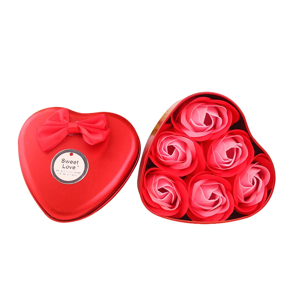 6-Piece Rose Flower Heart Shaped Scented Soap Set in Decorative Tin Box - Hand Wash, Bathing, Wedding Party Favors & Home Decor (Red Mix) - Perfect for Romantic Gifts, Bridal Showers & Luxury Bathroom Essentials