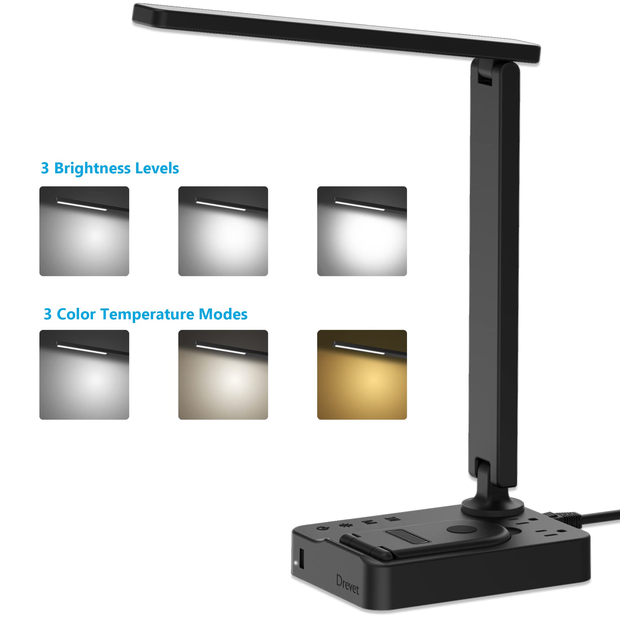 Drevet LED Desk Lamp with Wireless Charger & USB Port - 3 Lighting Modes, Adjustable Brightness, Touch Control - Foldable Eye-Caring Light for Home Office, Study, Reading & Nightstand Use