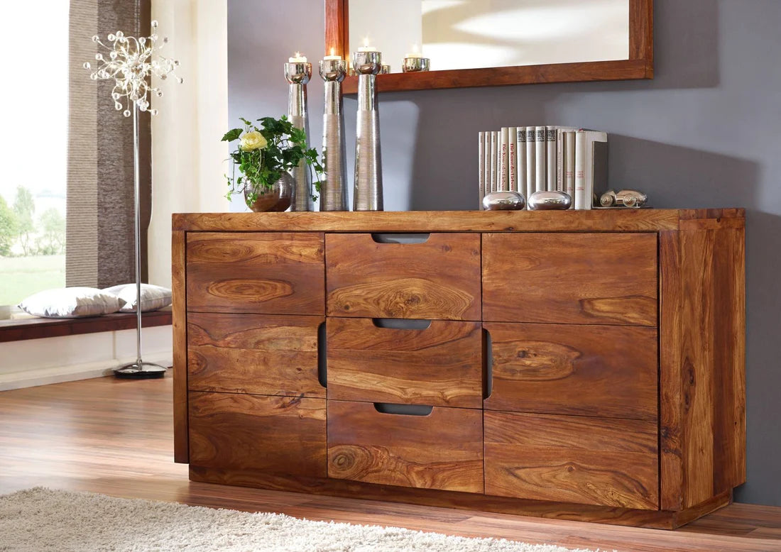 Gfine Solid Sheesham Wood Sideboard - 2 Doors & 3 Drawers, 150x45x76cm - Perfect for Living Room Storage & Dining Room Organization