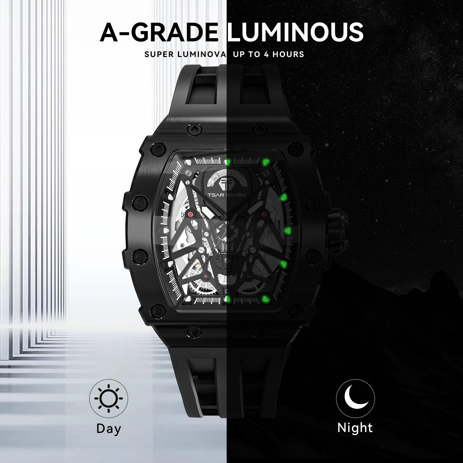 Luxury Automatic Skeleton Watch for Men - 50M Waterproof Mechanical Tonneau Watch with Silicone Band - Perfect for Business, Formal Events & Christmas Gifts