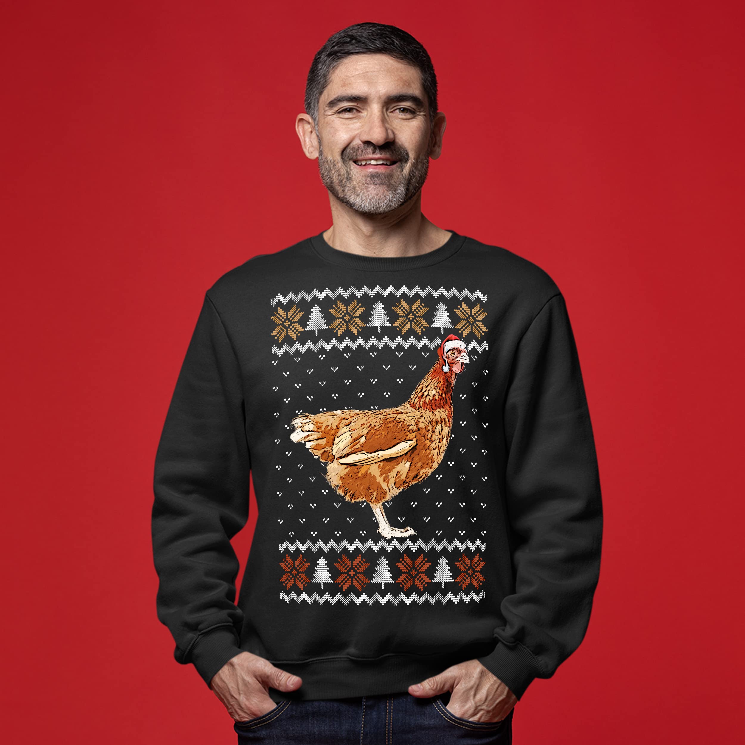 Purple Print House Christmas Chicken Sweatshirt for Adults - Funny Farm Animal Holiday Sweater Jumper Gift for Men & Women - Perfect for Christmas Parties, Farm-Themed Events & Cozy Winter Outfits