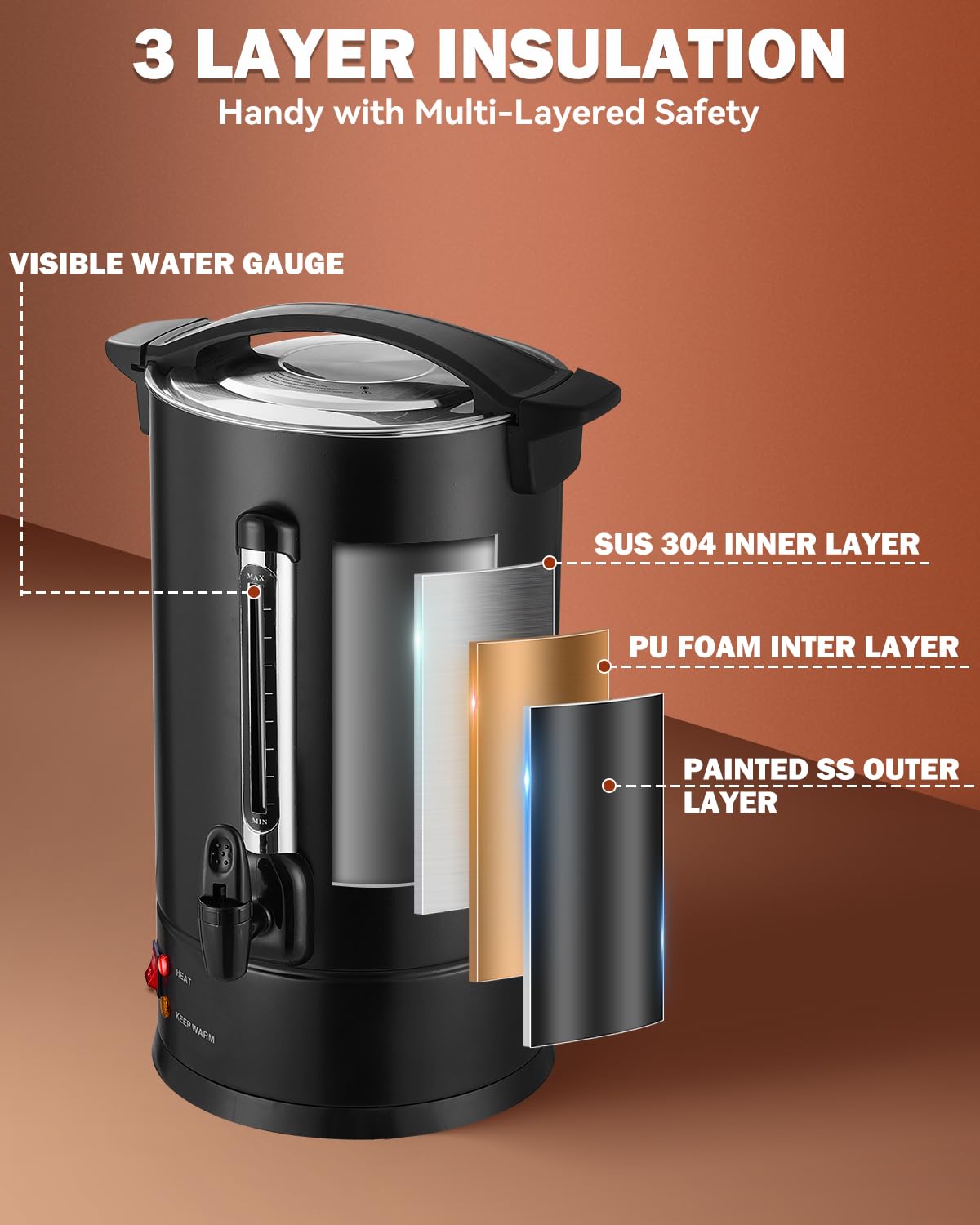 80 Cup Commercial Coffee Urn with Percolator - 1500W High Power Fast Brewing, Auto Temperature Control Stainless Steel Hot Beverage Dispenser - Perfect for Events, Catering, Offices & Large Gatherings