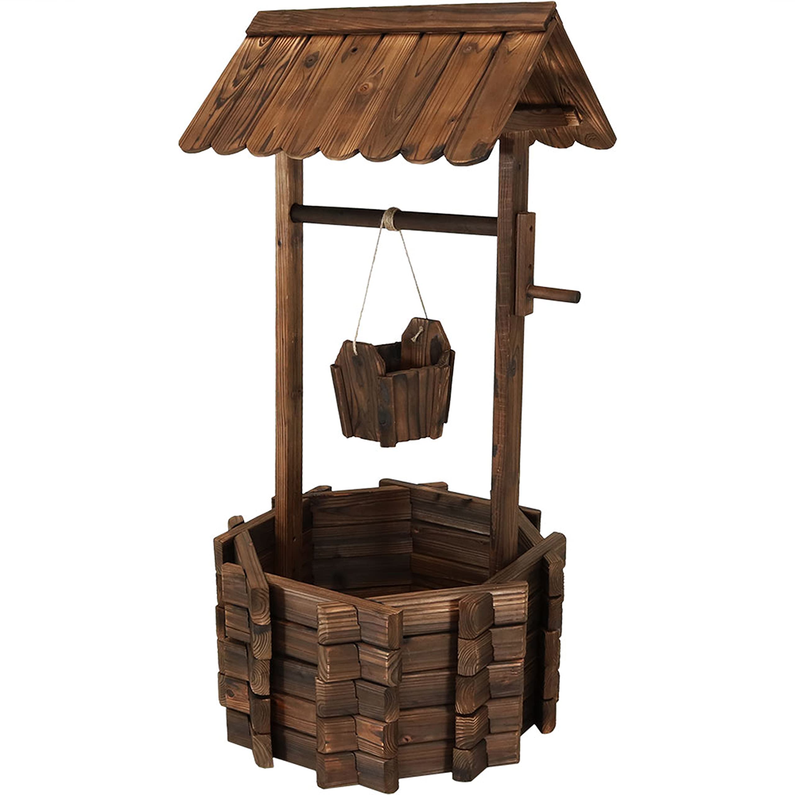 Sunnydaze 45 Inch Outdoor Wooden Wishing Well Garden Planter with Hanging Flower Bucket - Rustic Decorative Planter for Patio, Yard, and Garden Decor