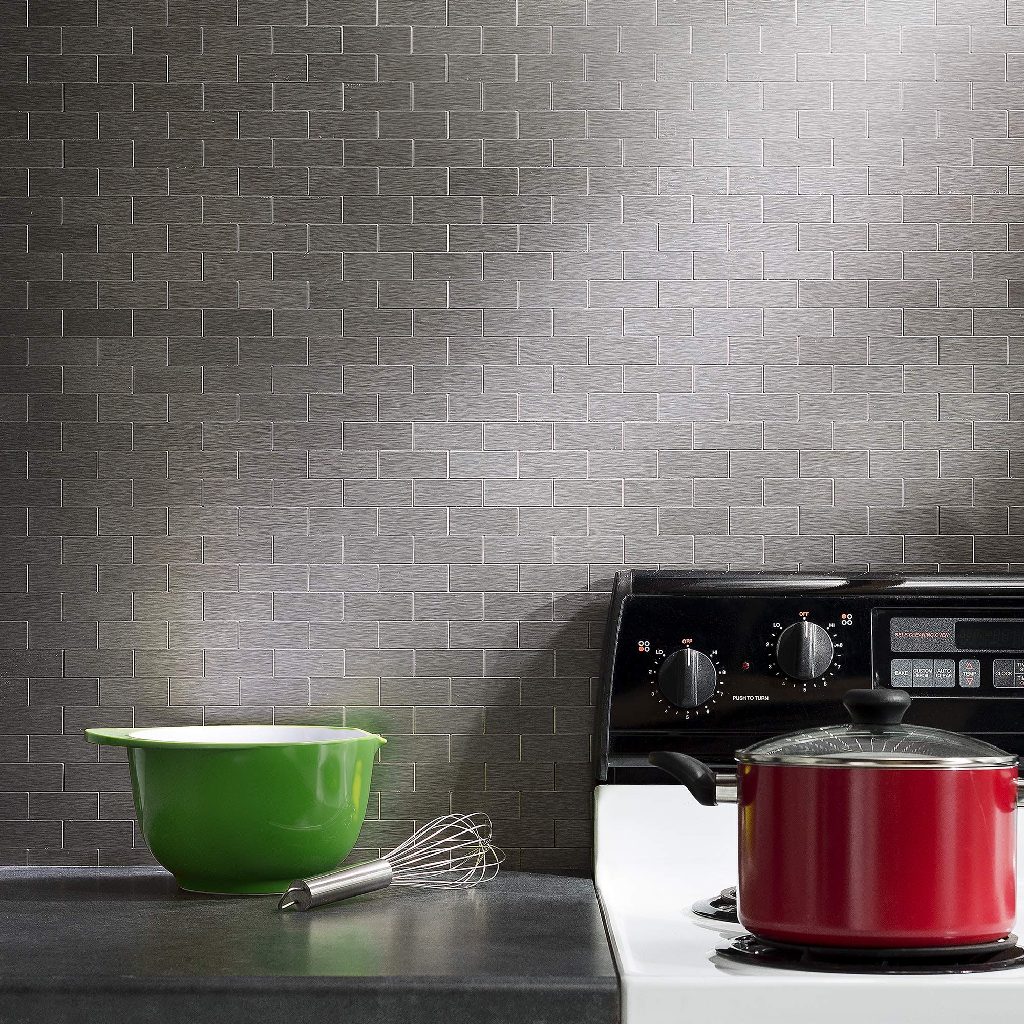 Stainless Steel Peel and Stick Backsplash Tile Kit - 15 Sq Ft Matte Subway Metal Tiles for Kitchen & Bathroom - Easy DIY Installation, Waterproof & Heat Resistant for Backsplash, Shower Walls & Countertop Protection