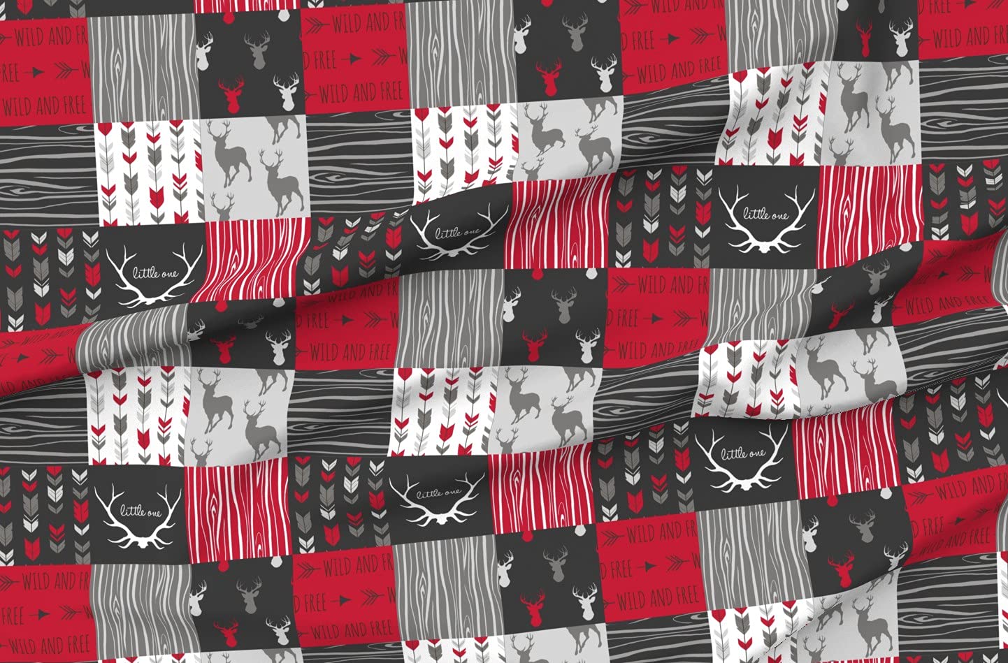 Premium Spoonflower Minky Fabric - Red Charcoal Grey Deer Antler Arrows Woodgrain Print Fat Quarter for Baby Blankets, Quilt Backing & Plush Sewing Projects - Soft Fabric for Nursery Decor, DIY Crafts & Cozy Home Textiles