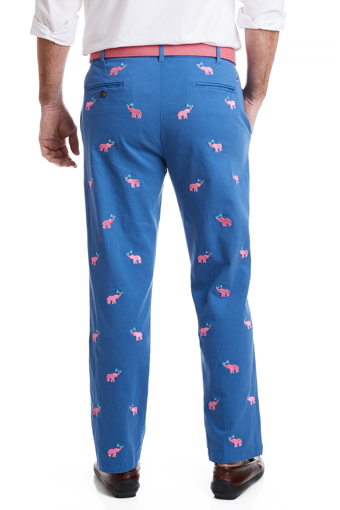 Stretch Twill Harbor Pant in Deep Ocean Blue with Toasting Elephant Print - Comfortable Casual Pants for Work, Travel & Everyday Wear