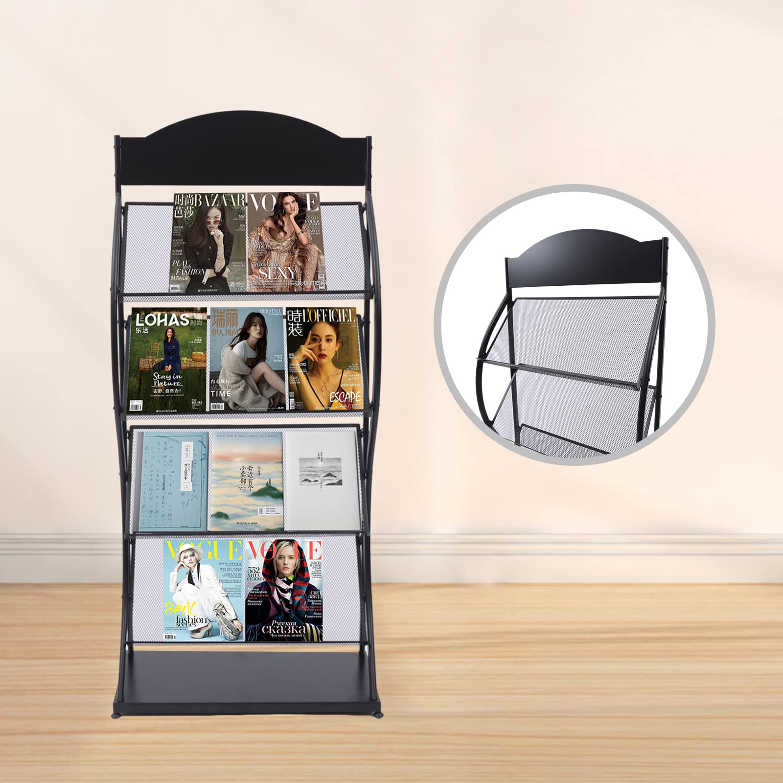 4-Tier Floor Standing Magazine Rack - Large Capacity Newspaper & Book Organizer for Magazines, Periodicals, Newspapers - Perfect for Living Room, Office, Library & Waiting Areas (Black)