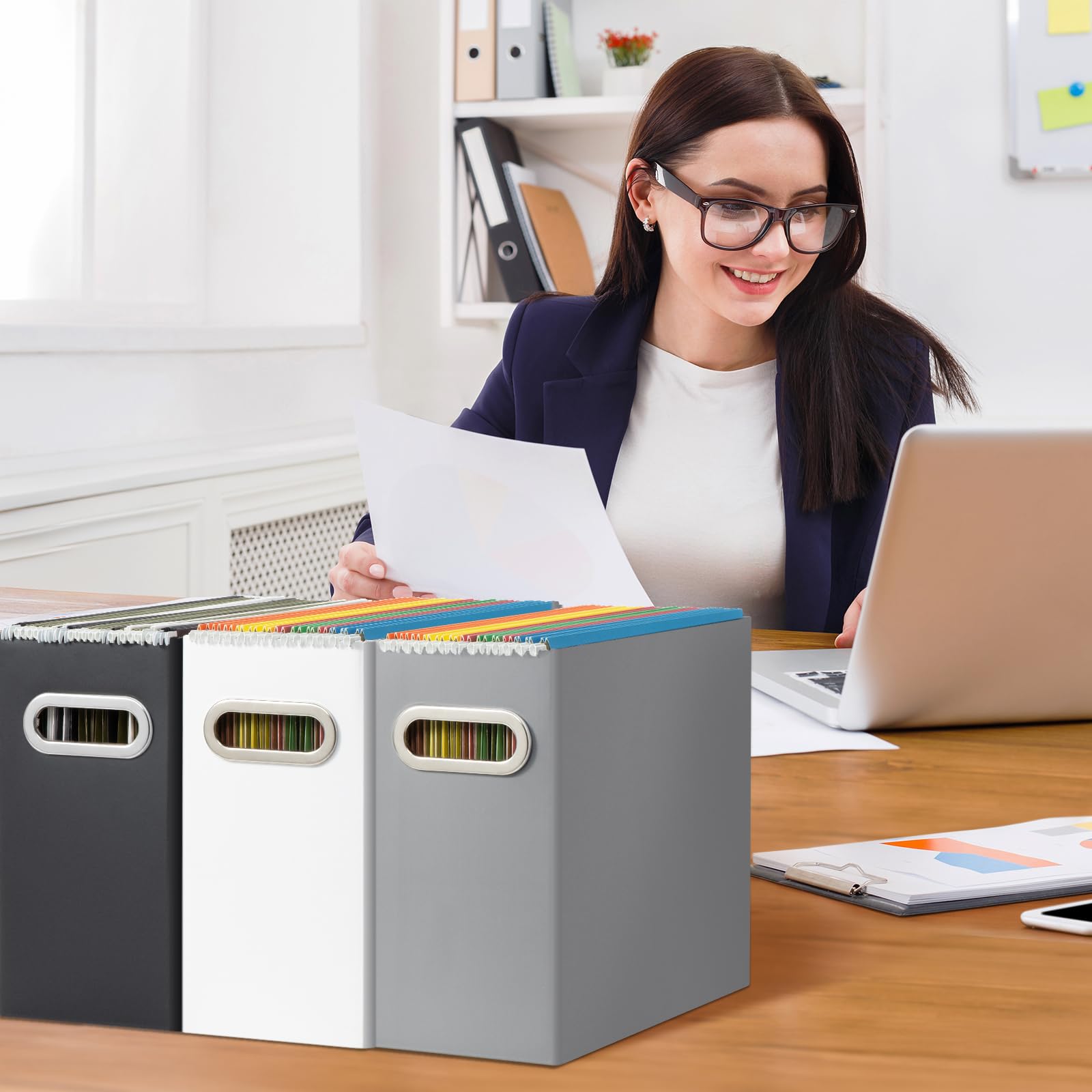 Collapsible Cardboard File Box for Letter Size Hanging Folders - 2 Pack White Storage Organizer with Handles for Office, Home & School Use - Perfect for Document Filing, Paper Organization & Workspace Storage