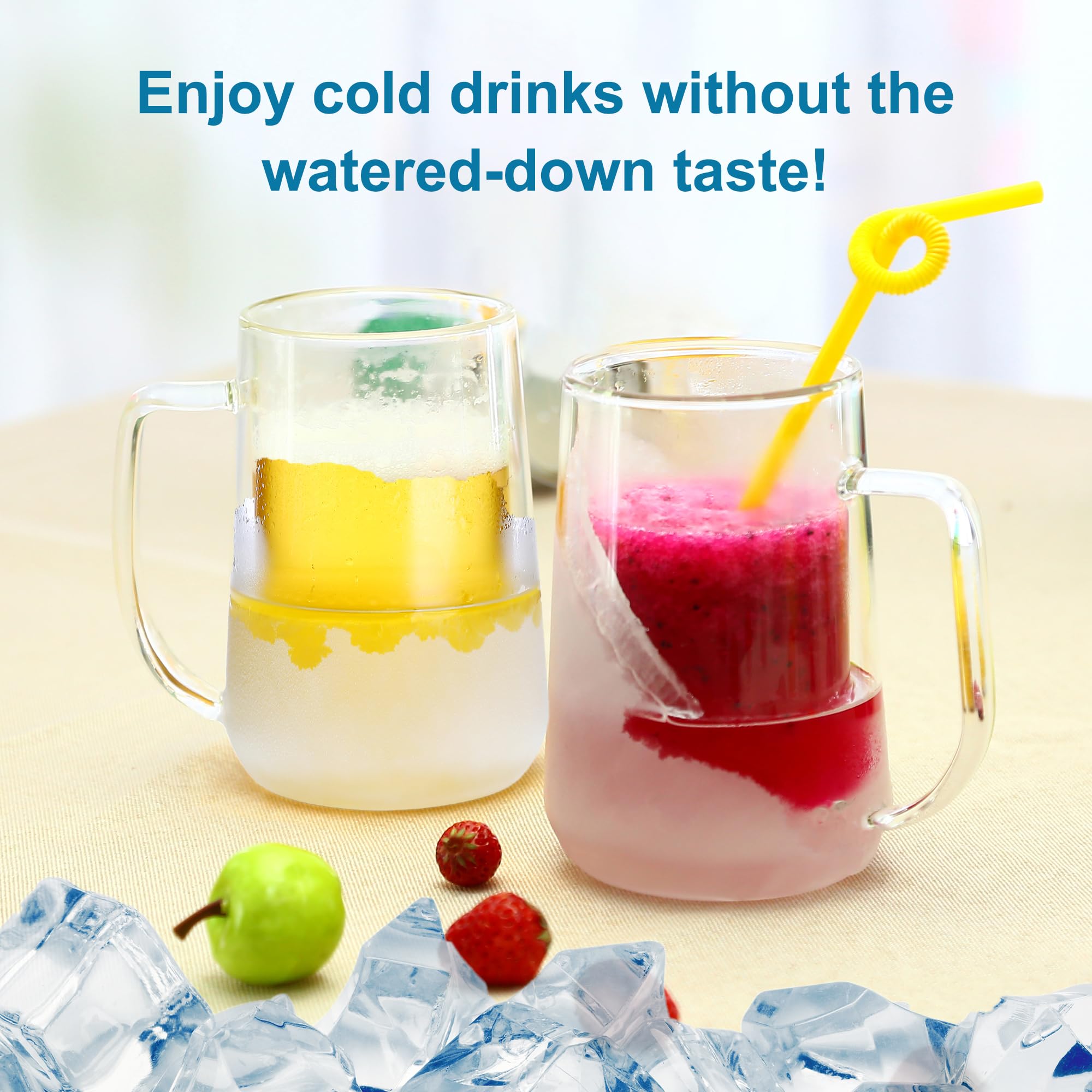 Convend Double Wall Clear Borosilicate Glass Beer Mugs - 16 Oz Freezer Safe Cups with Handle for Beer, Milk, Juice - Set of 2 - Perfect for Chilling Drinks, Parties, and Home Bars