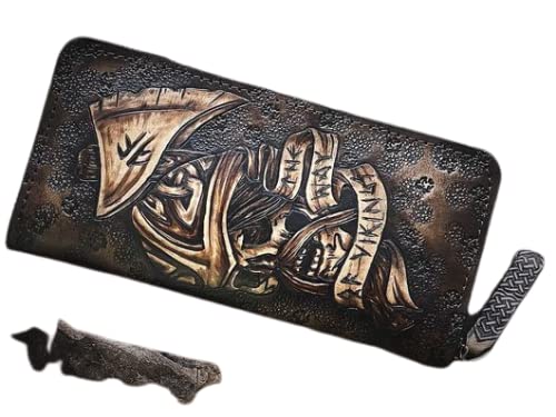 Viking Einar Sword Men's 3D Genuine Leather Wallet - Hand-Carved & Painted Biker Long Wallet - Custom Personalized Leather Carving Wallet for Men - Perfect for Gifts, Collectors & Medieval Enthusiasts